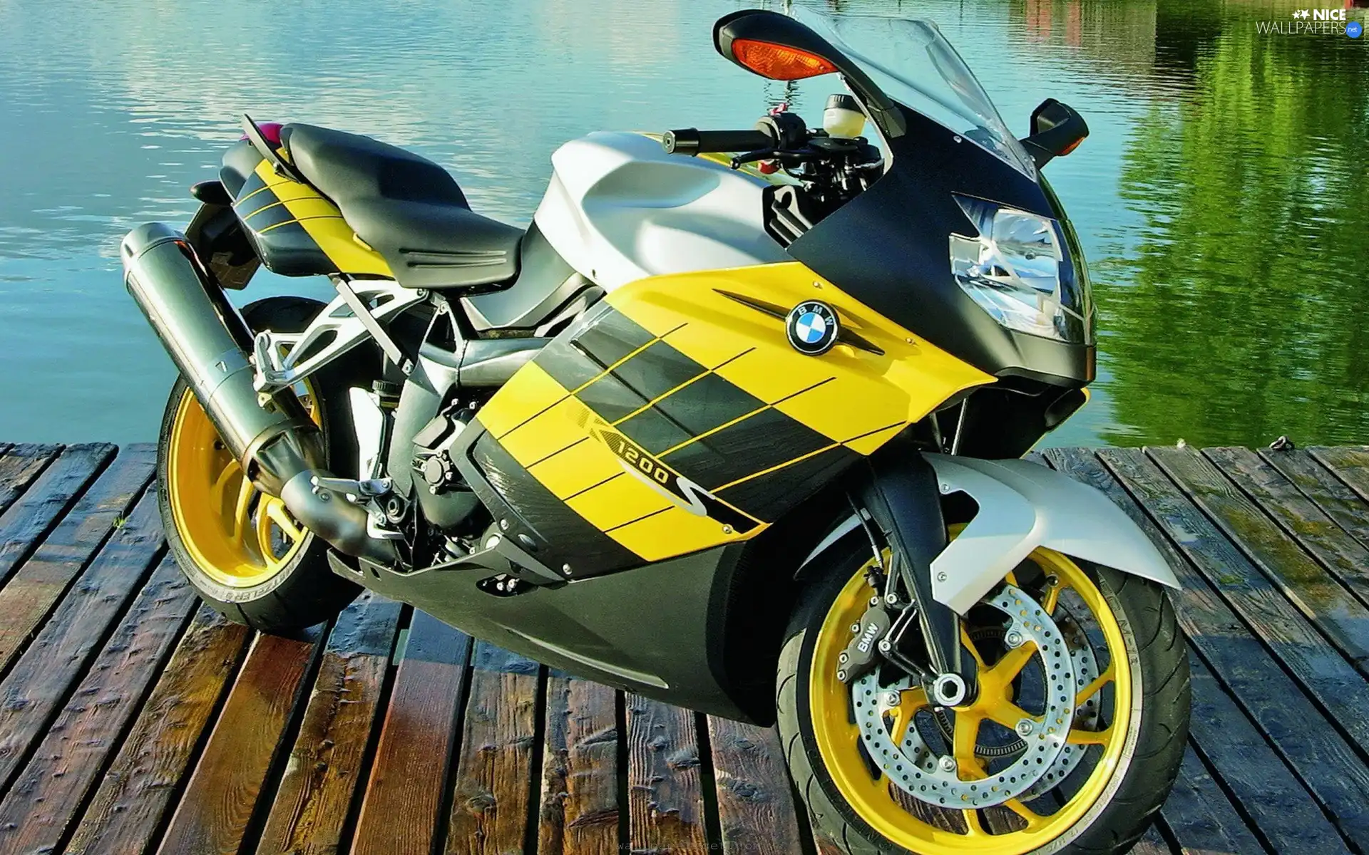 Yellow, BMW, lake, motor-bike