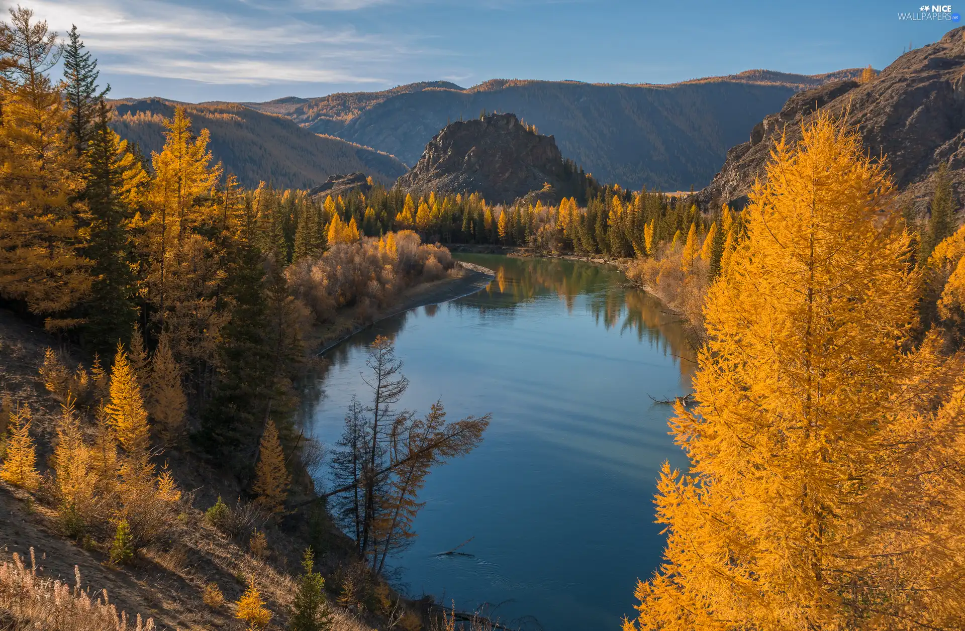 viewes, lake, Mountains, trees, autumn