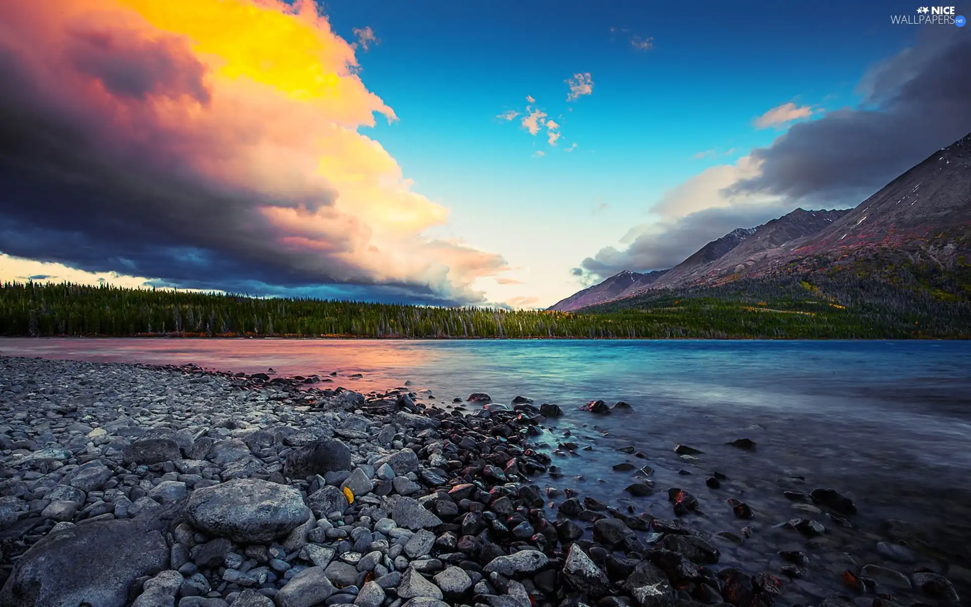 Mountains, clouds, lake, Stones