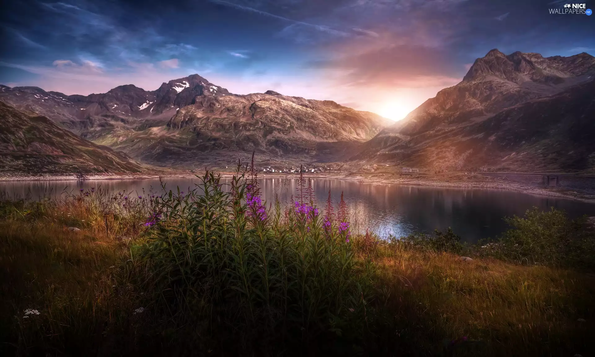 Mountains, Houses, Flowers, lake