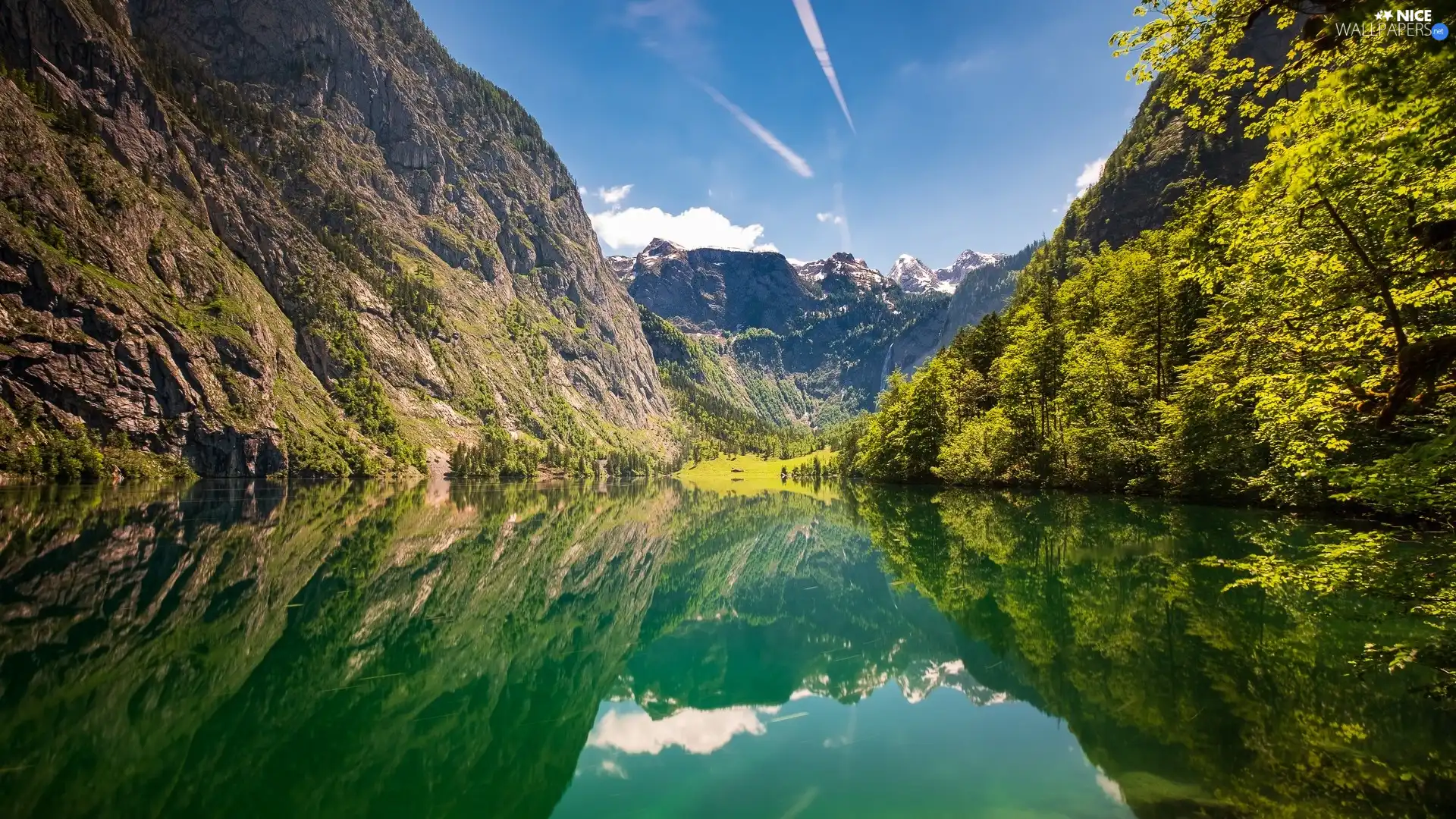 trees, viewes, Germany, reflection, Bavaria, Obersee Lake, Mountains, Berchtesgaden National Park