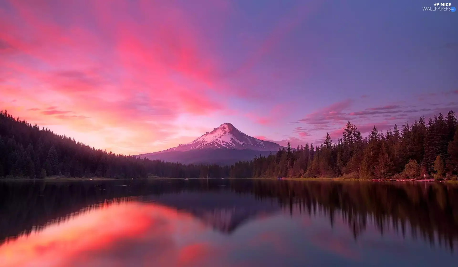 Great Sunsets, reflection, lake, forest, Mountains