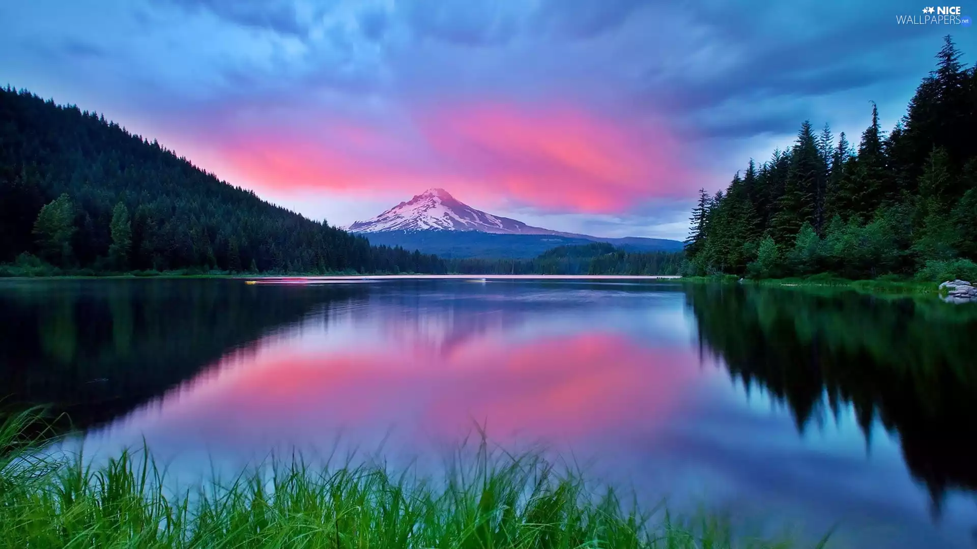 Mountains, Pink, Sky, lake