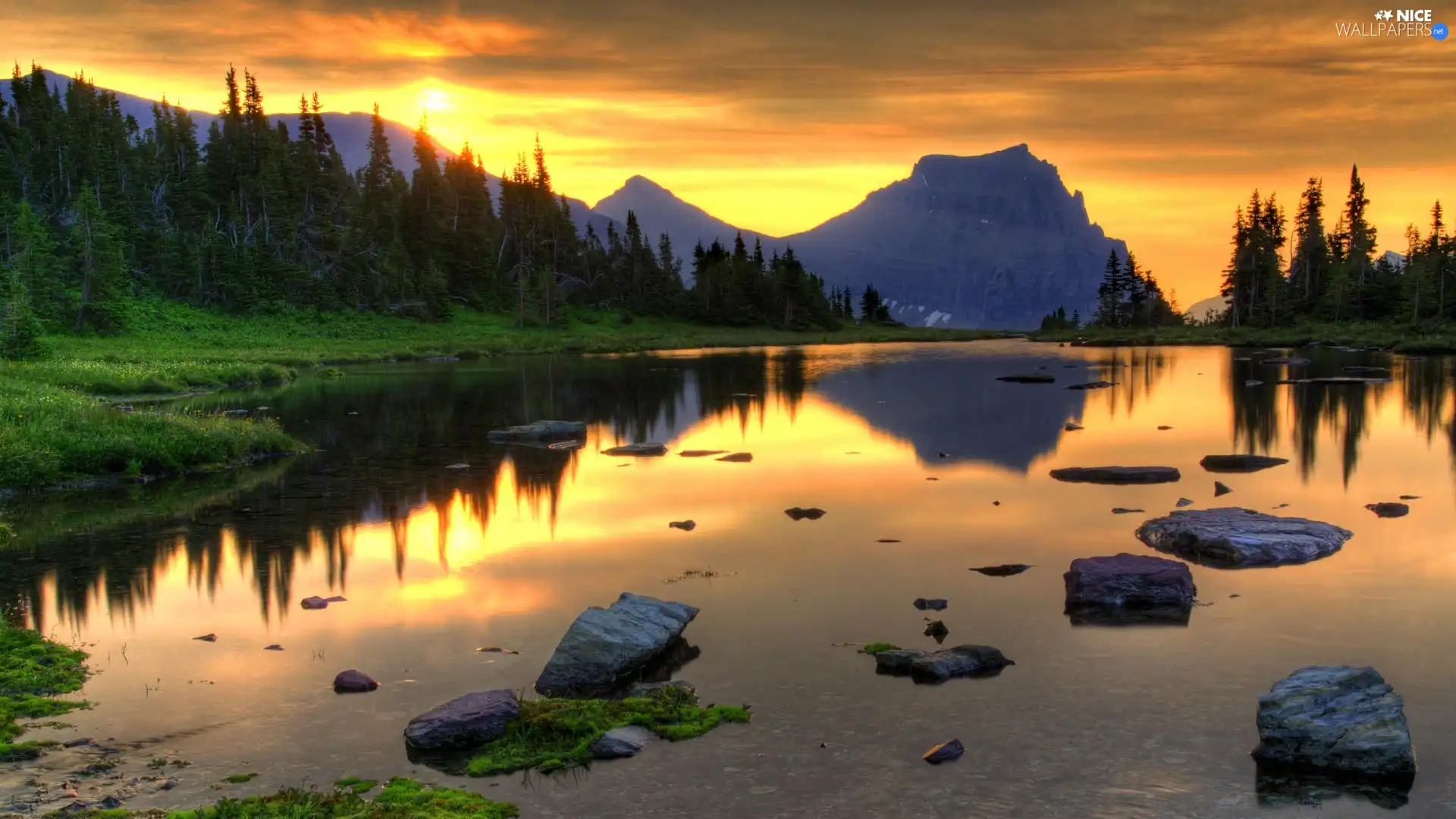 Mountains, sun, lake, west