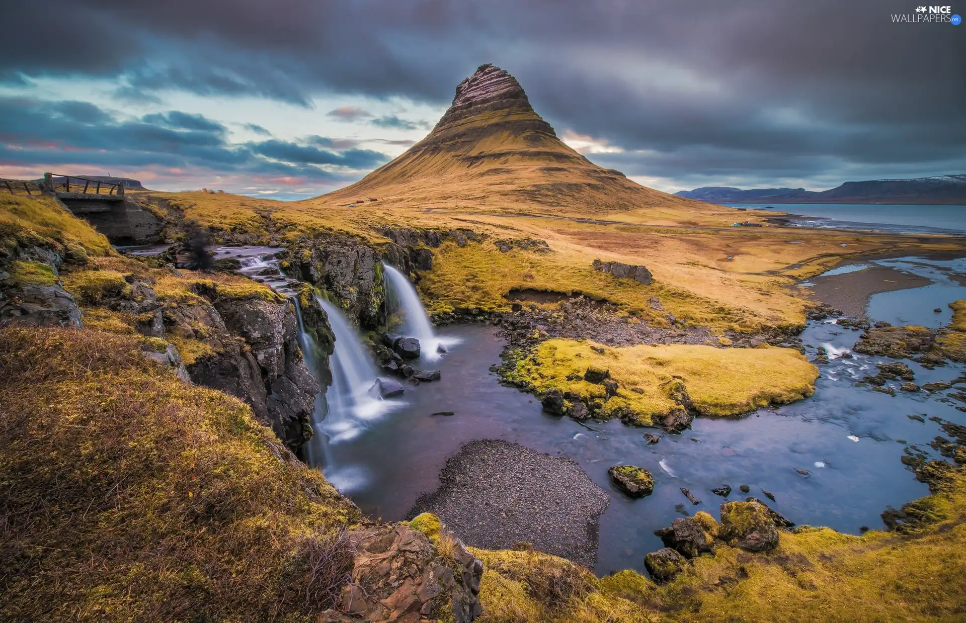 waterfall, lake, iceland, mountains