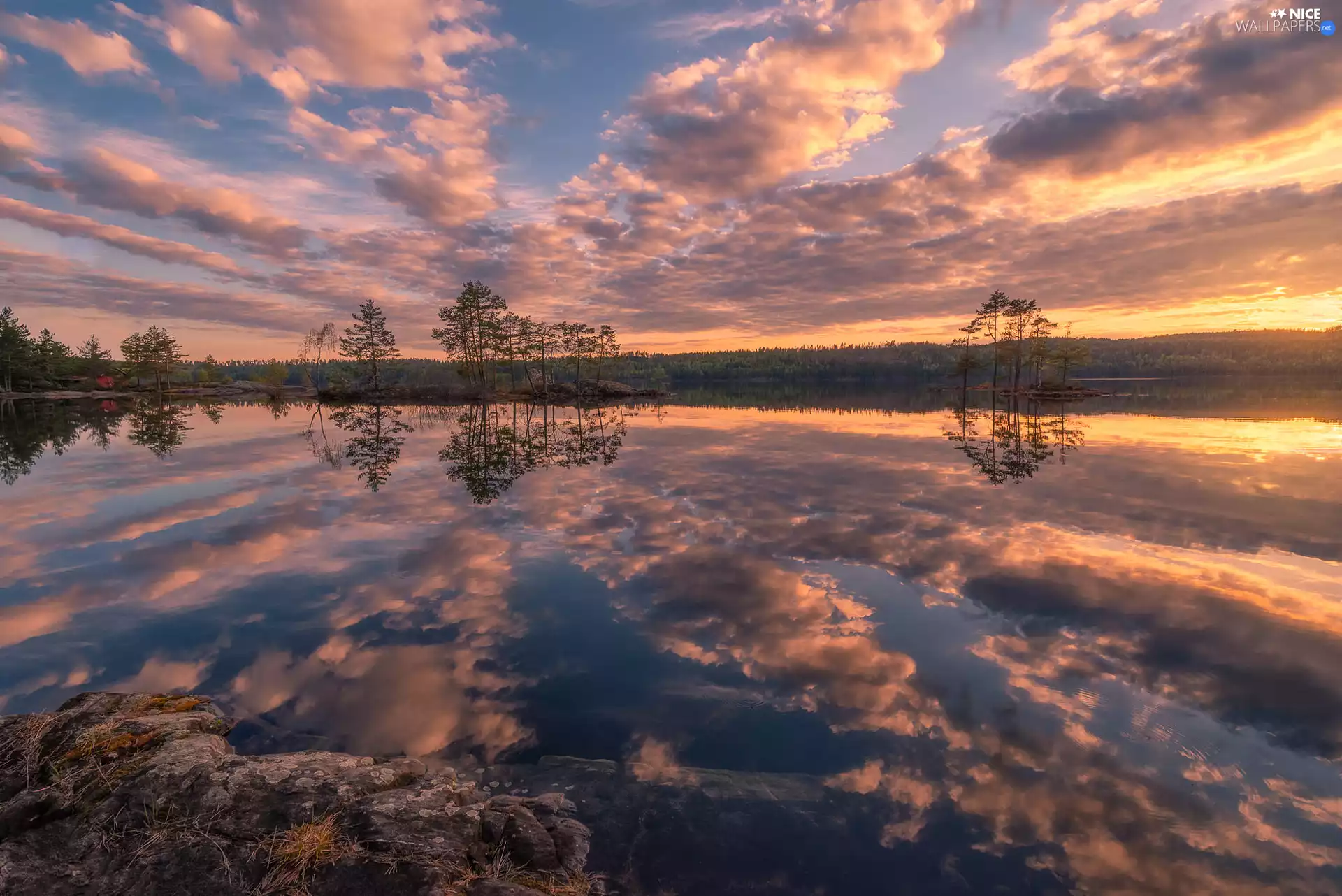 clouds, Norway, Islets, lake, trees, reflection, Stones, Great Sunsets, Ringerike Municipality, viewes, forest