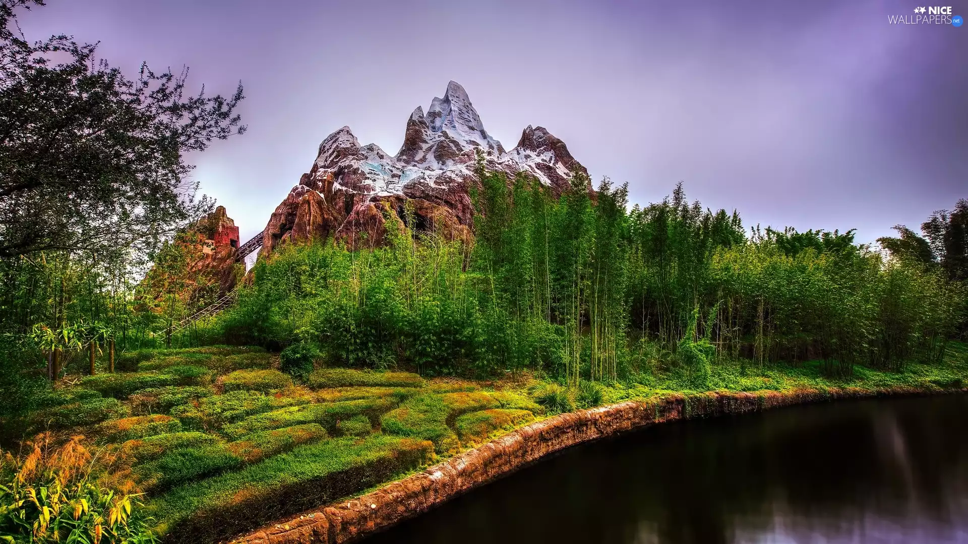 trees, mountains, Plants, lake, viewes, rocks