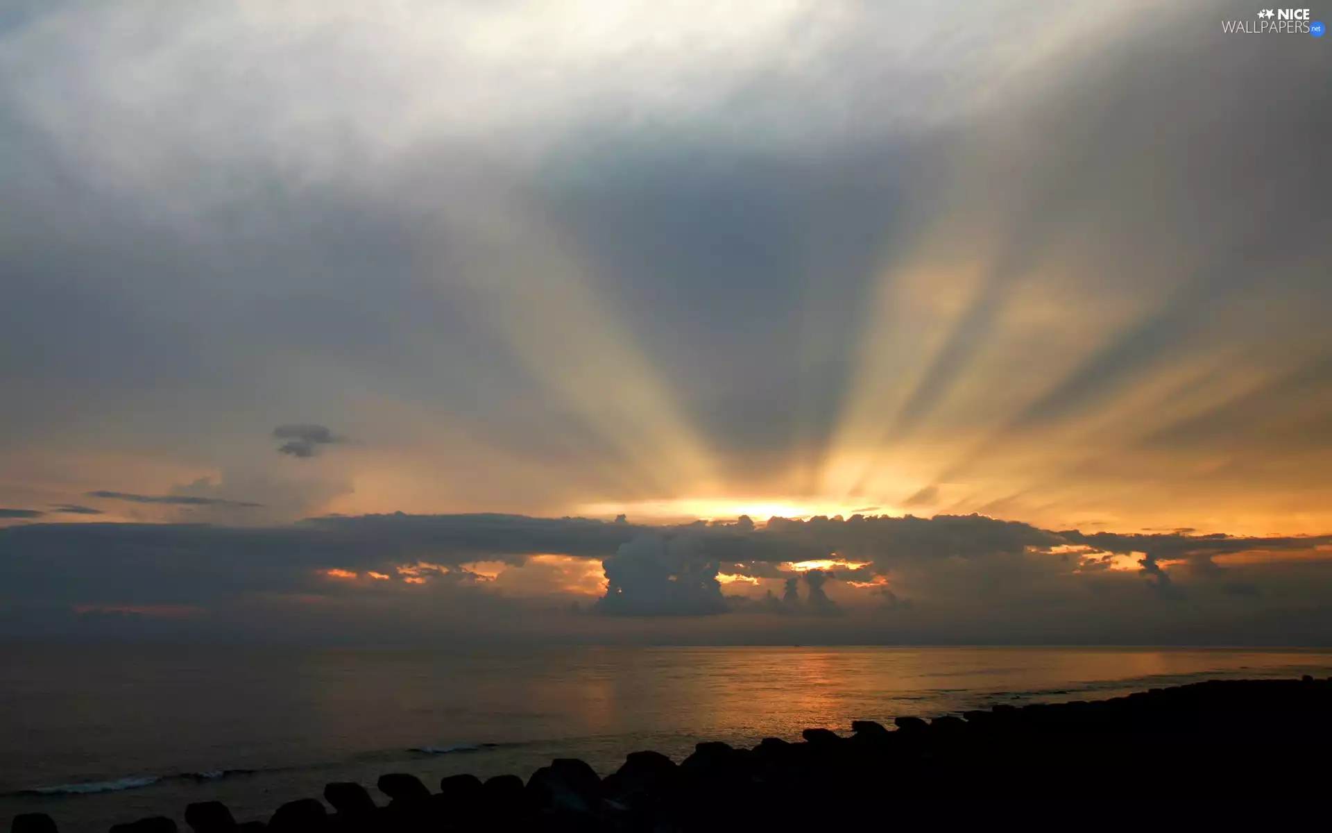 clouds, lake, sun, rays, west