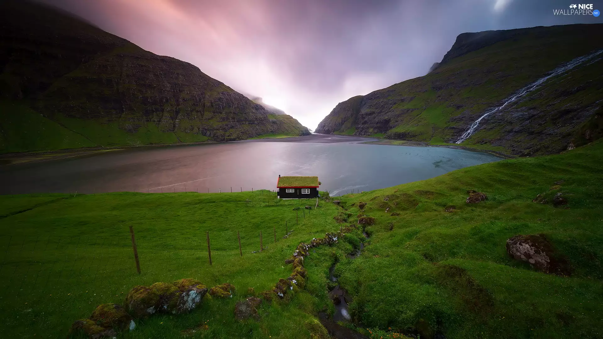 lake, Valley, Denmark, waterfall, Faroe Islands, Mountains, Great Sunsets, house