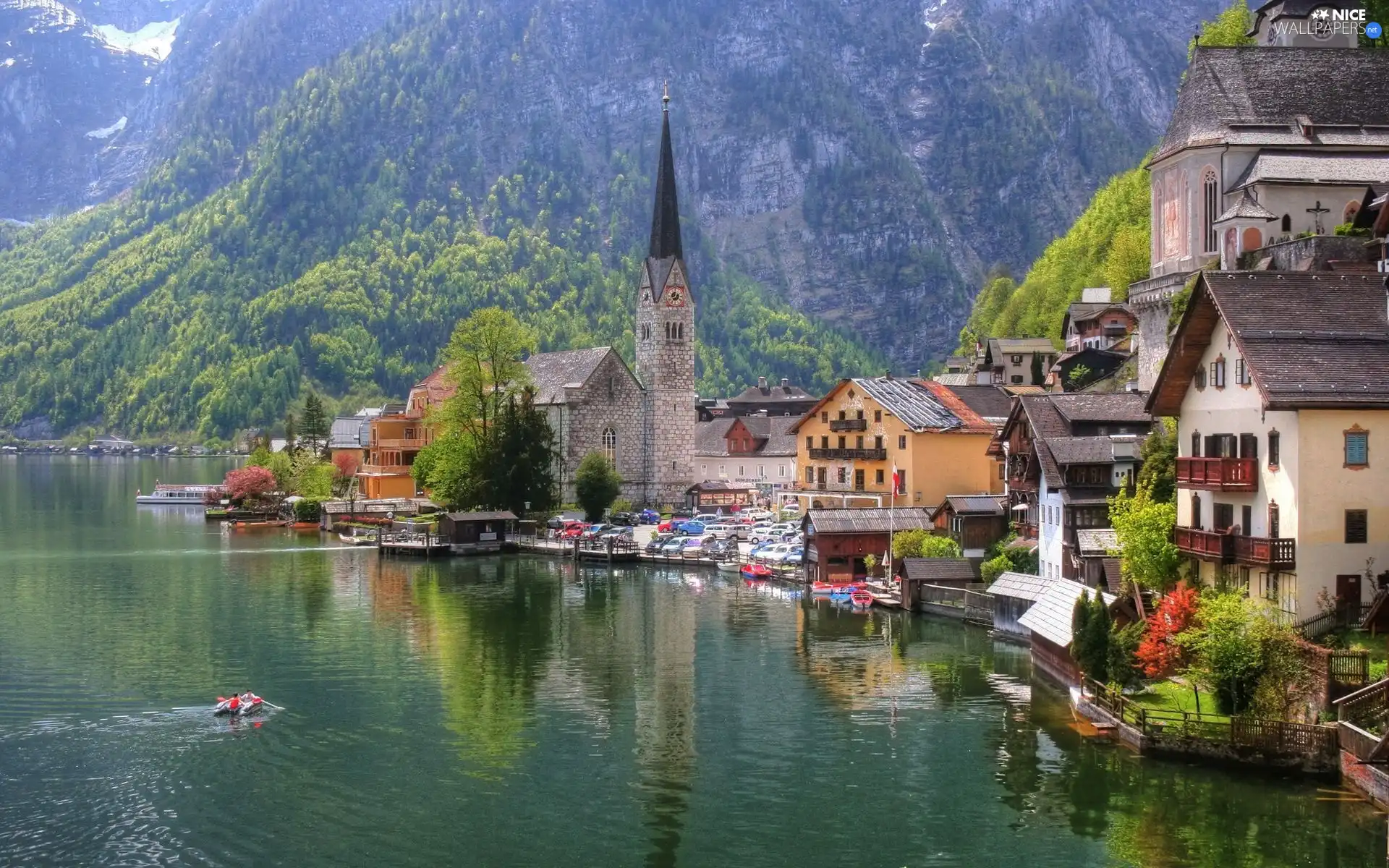 lake, Mountains, Town