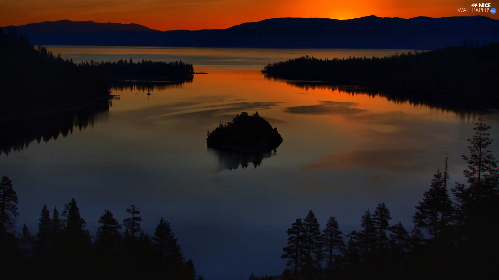 lake, twilight, viewes, The Hills, trees