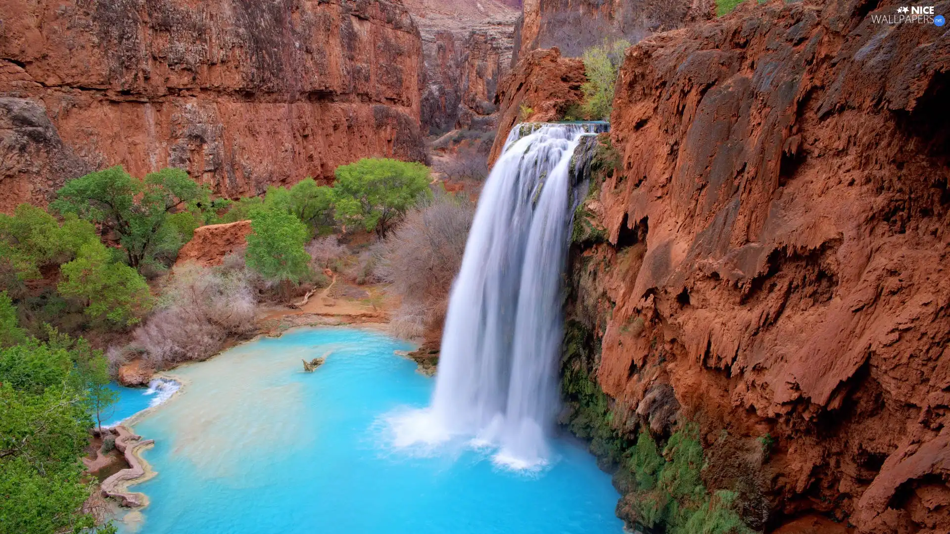 Mountains, lake, Havasu, waterfall