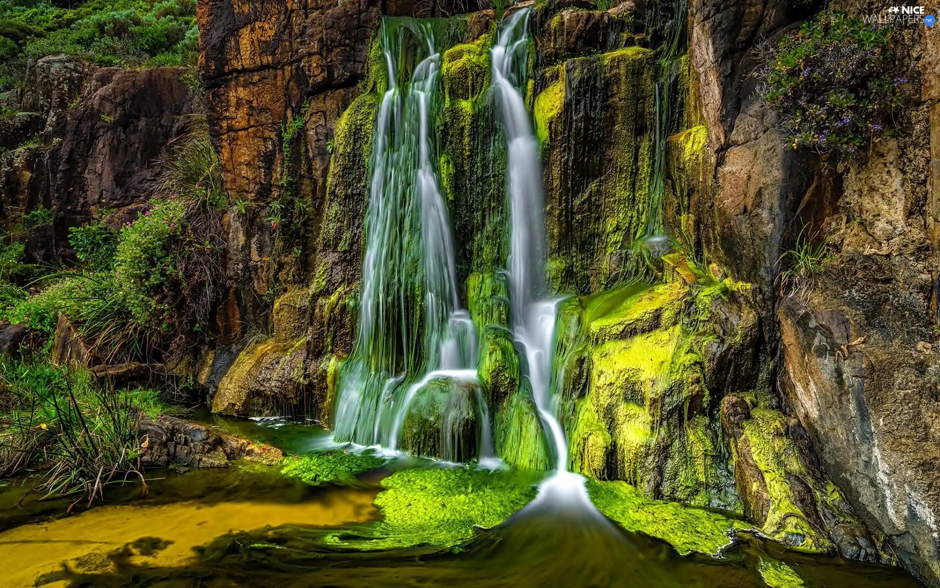 waterfall, VEGETATION, lake, rocks