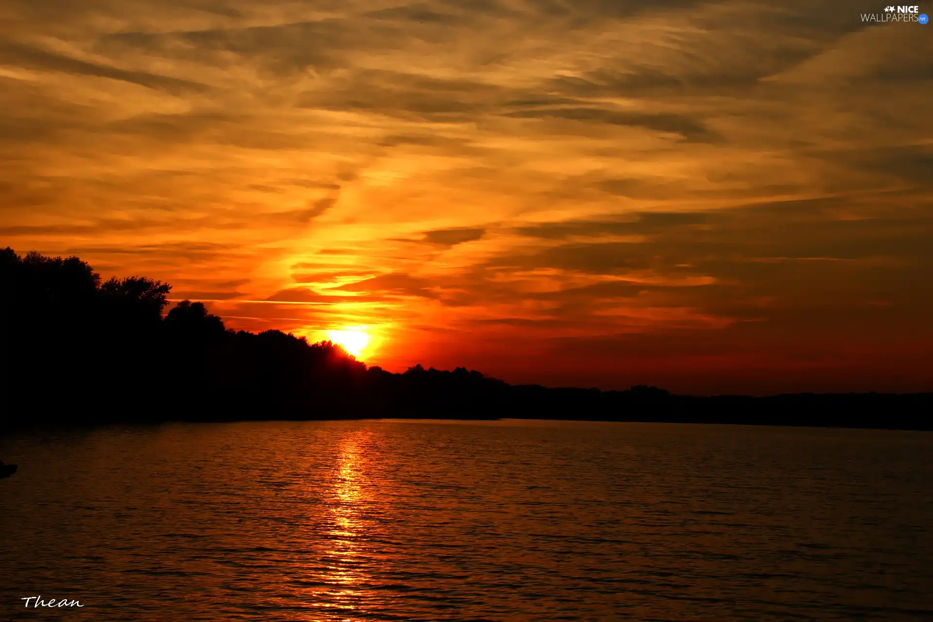 west, evening, lake, sun