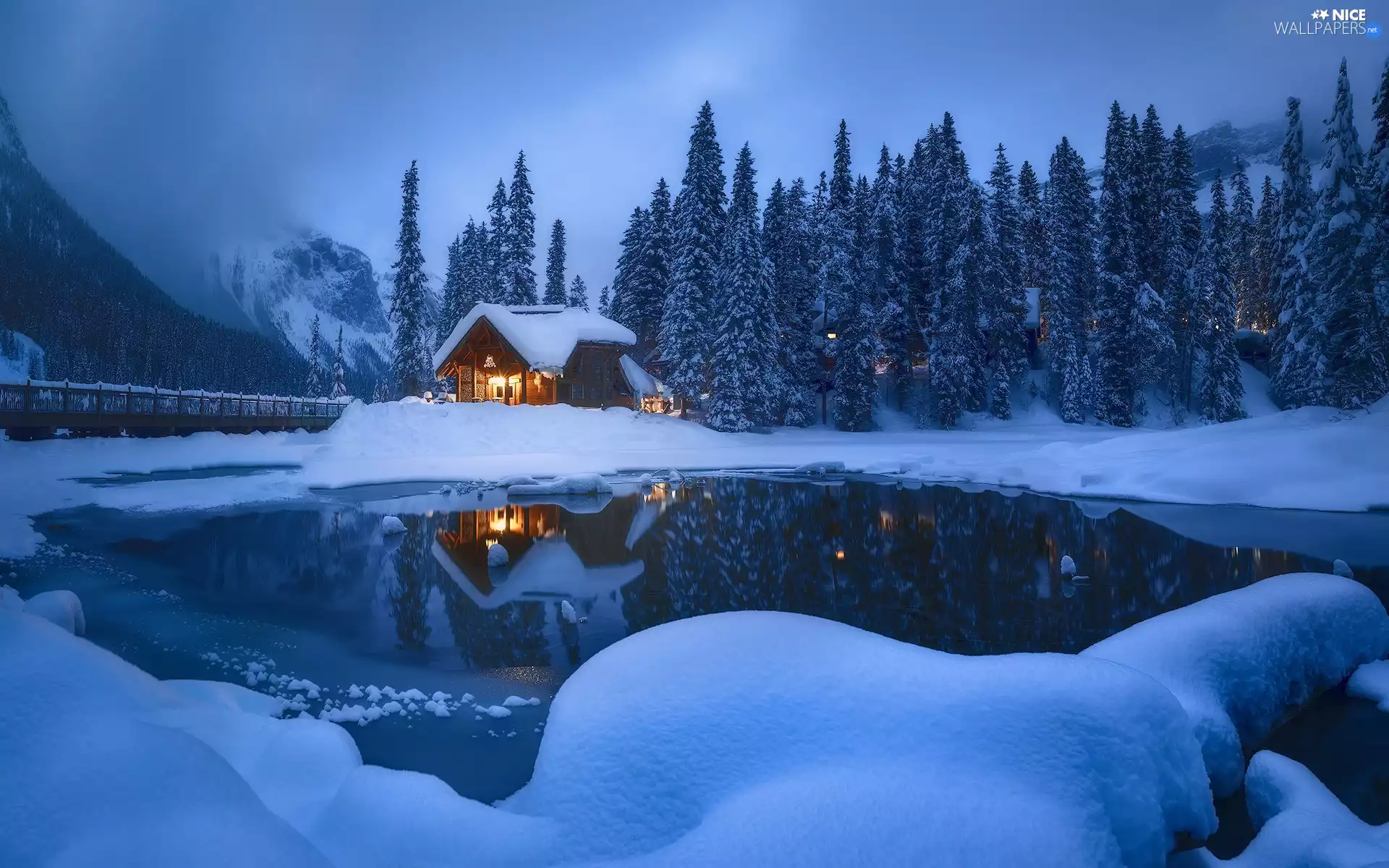 Mountains, house, trees, Yoho National Park, viewes, winter, British Columbia, forest, lake, Canada, bridge, Fog, Emerald Lake