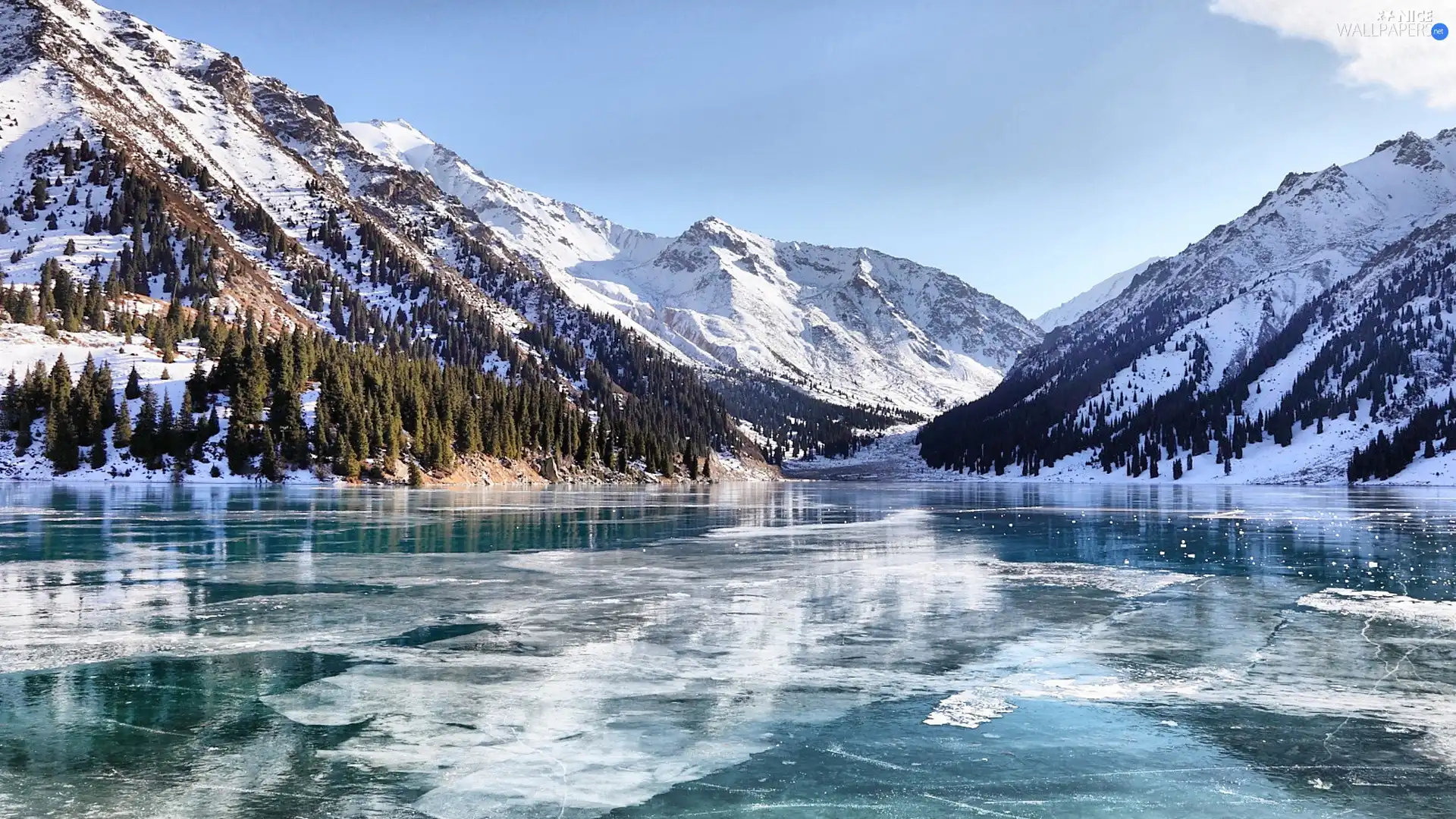 lake, Mountains, winter