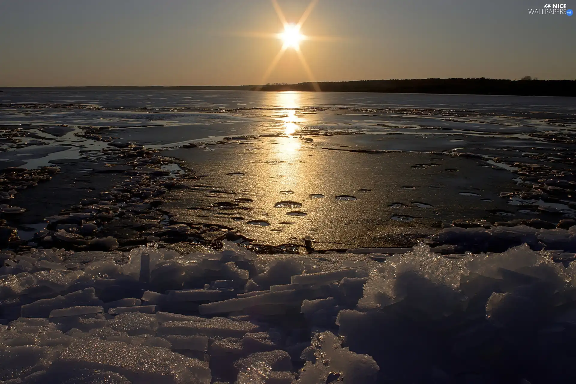 winter, sun, lake, west