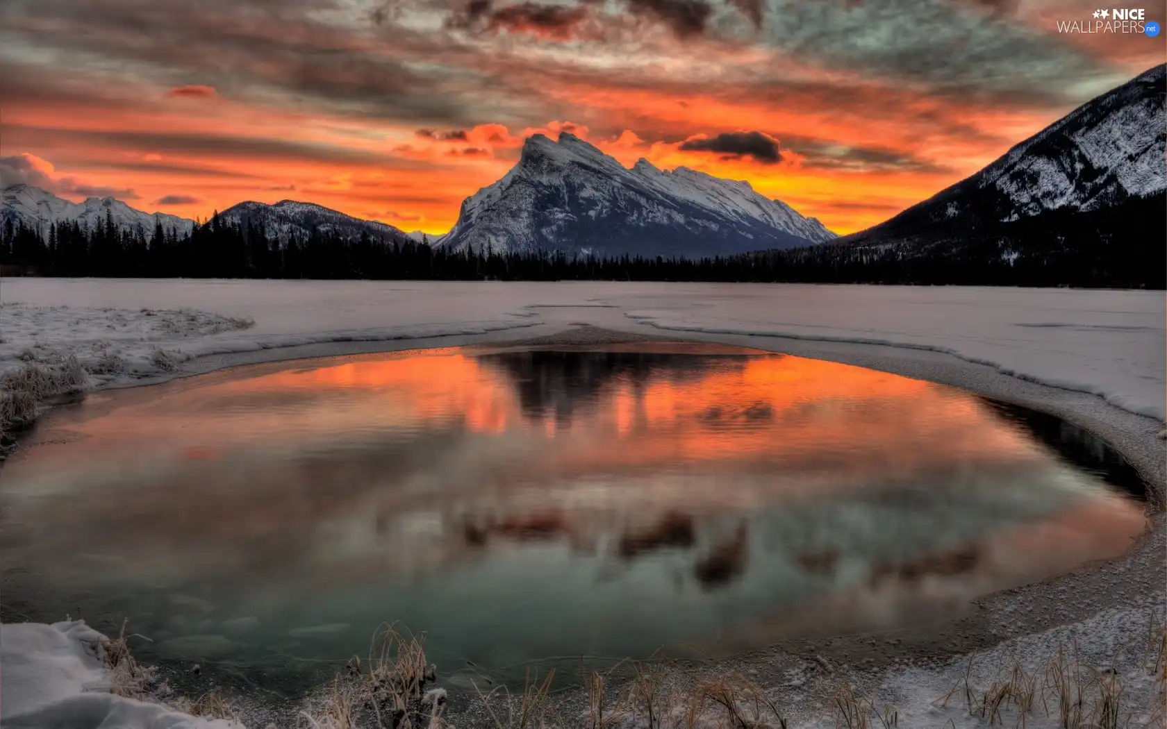 lake, winter, sun, rocks, west