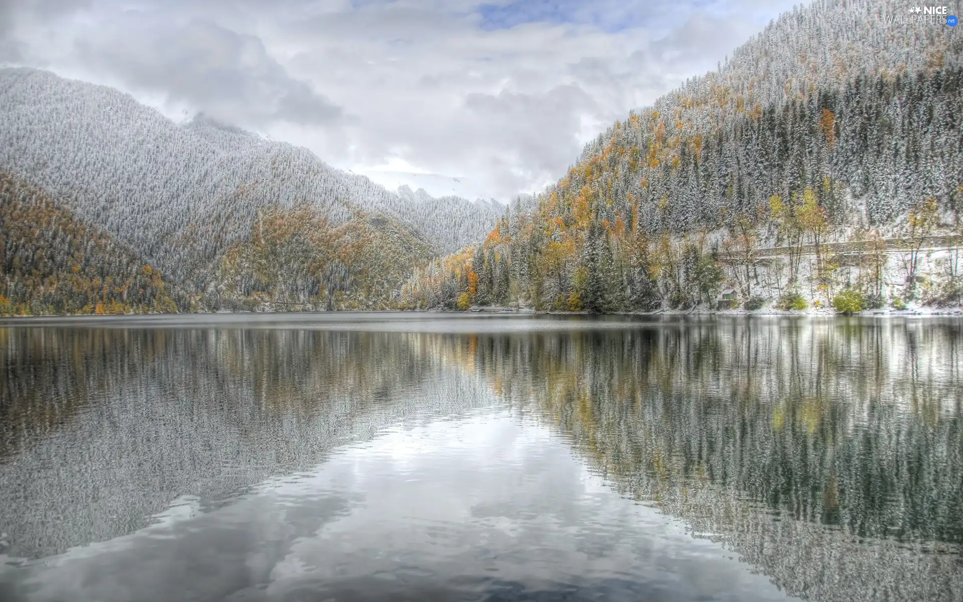 winter, woods, lake, Mountains