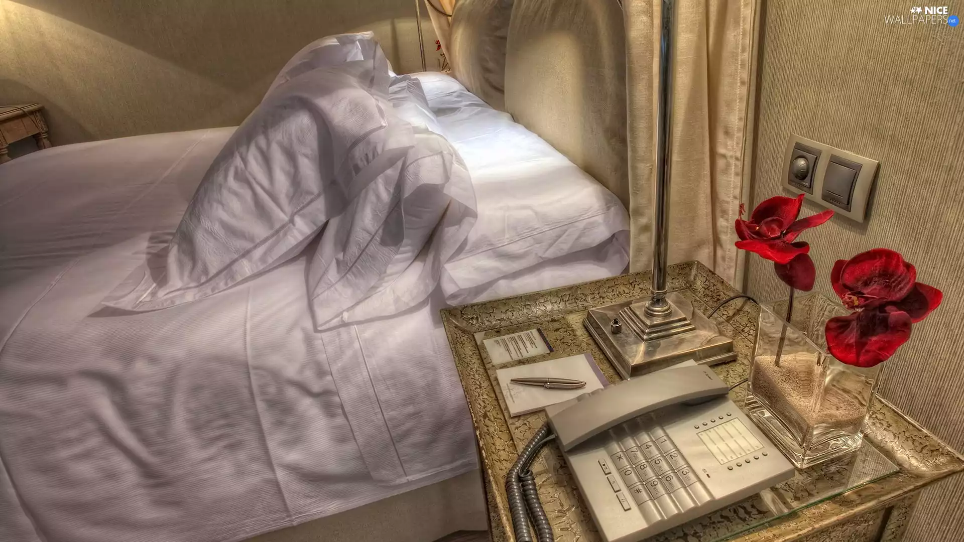 table, White Bed, Vase, Bedding, Bedroom, Telephone, Lamp