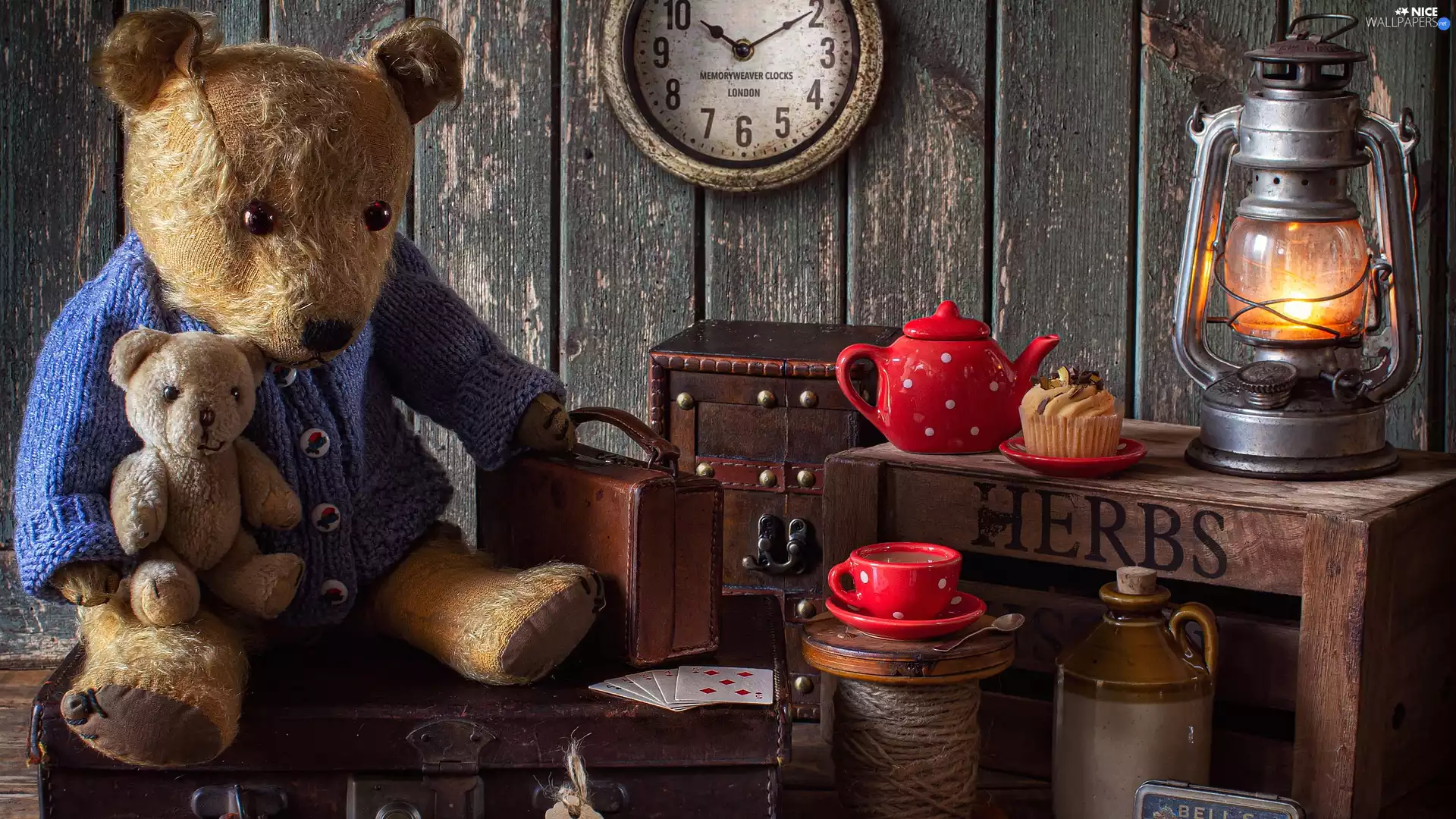 bear, Two cars, suitcase, Clock, Oil Lamp, composition, teapot, cake, cup