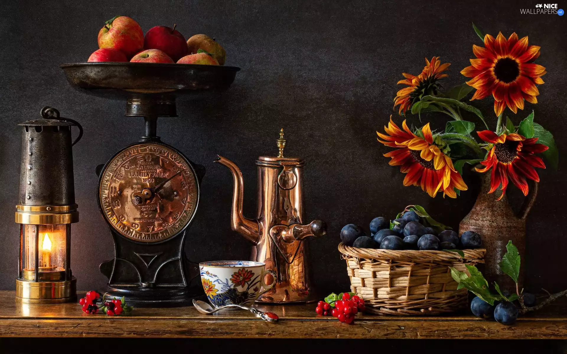 Lamp, composition, weight, apples, Nice sunflowers, basket, plums, Flowers, jug