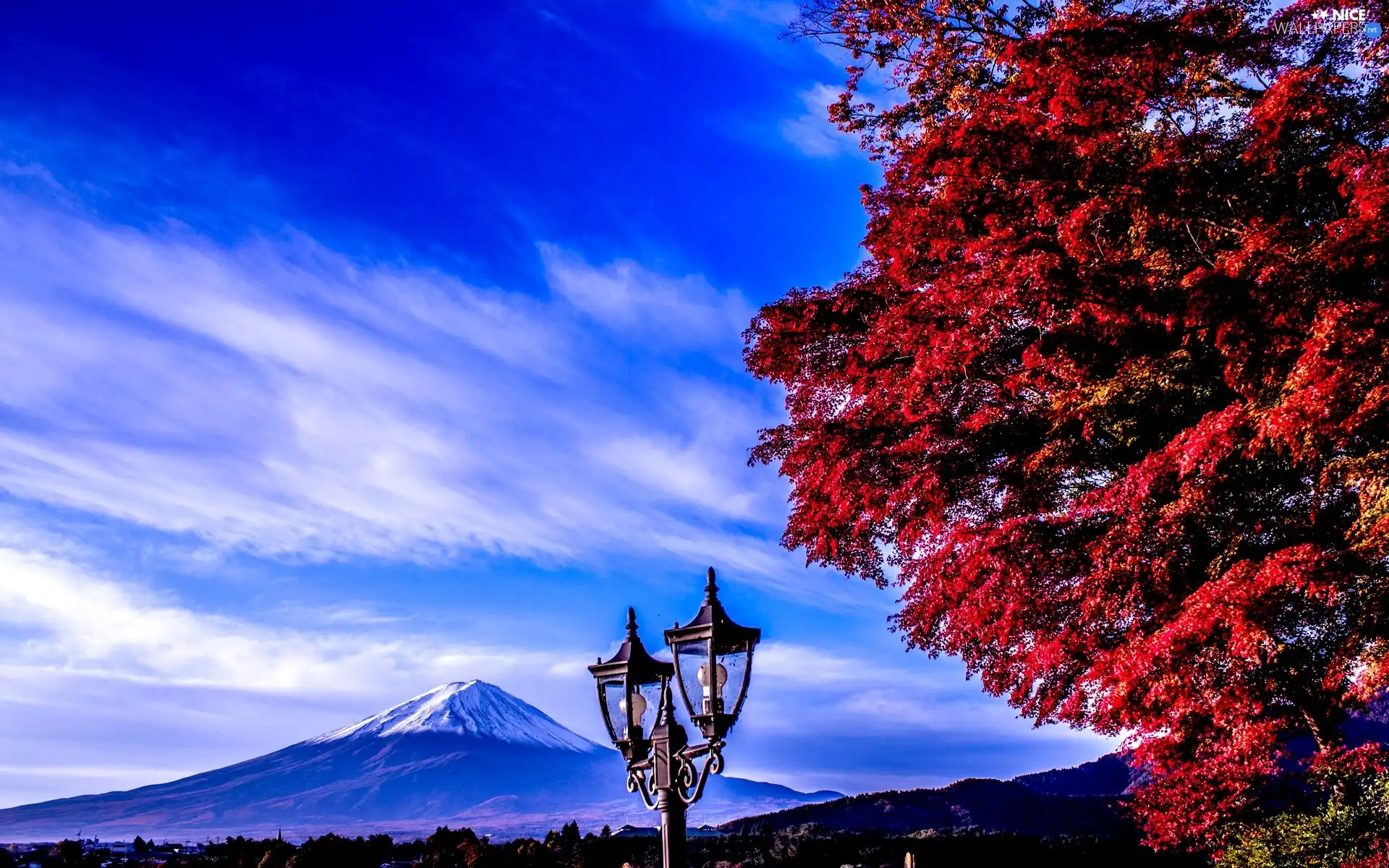 Lamp, Japan, Fuji, trees, mountains