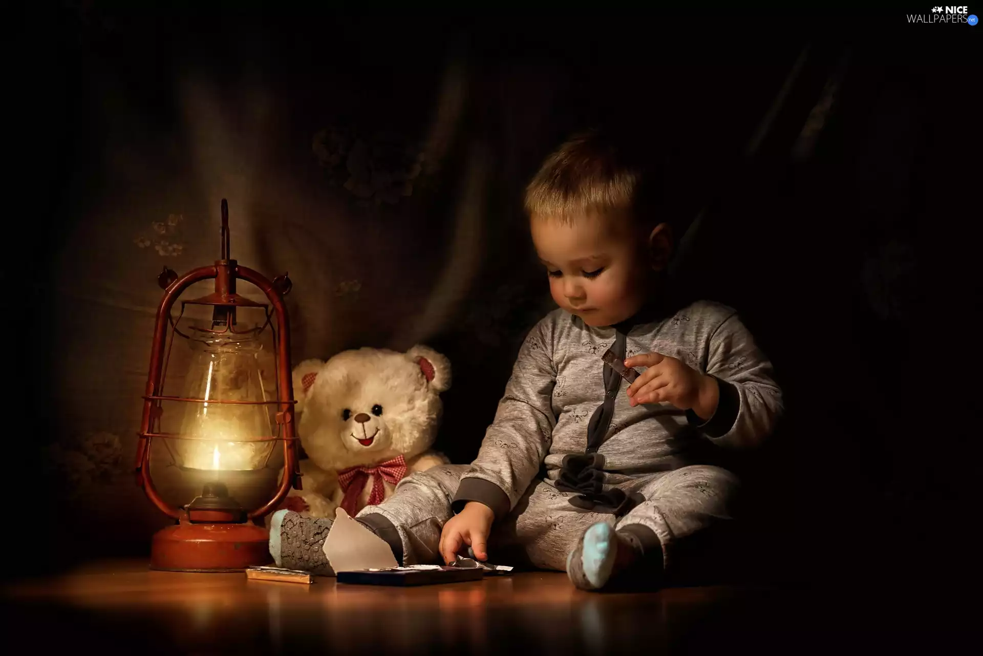 Kid, teddy bear, Lamp, plush toy