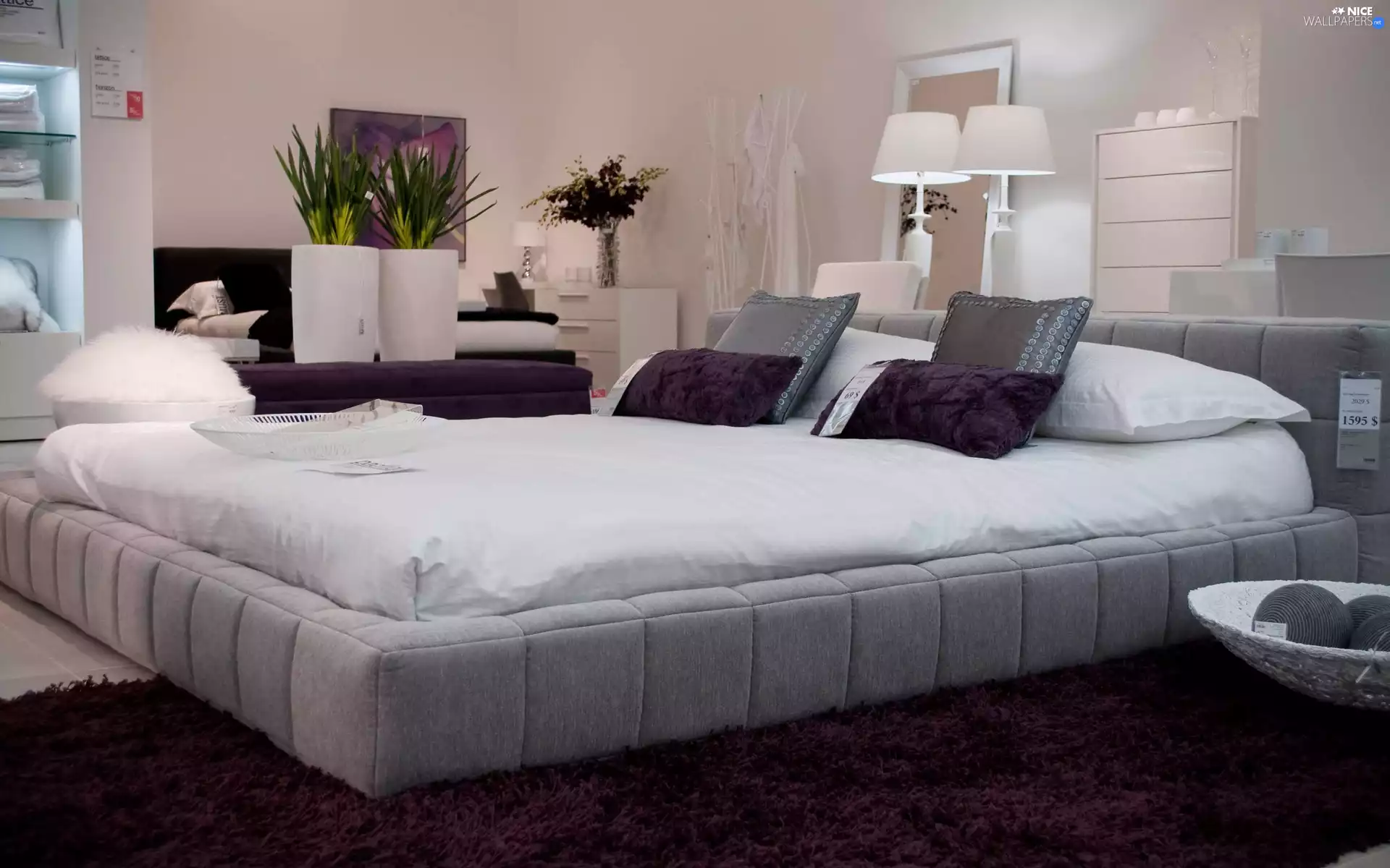 Flowers, Lamps, bed, pillows, Bedroom