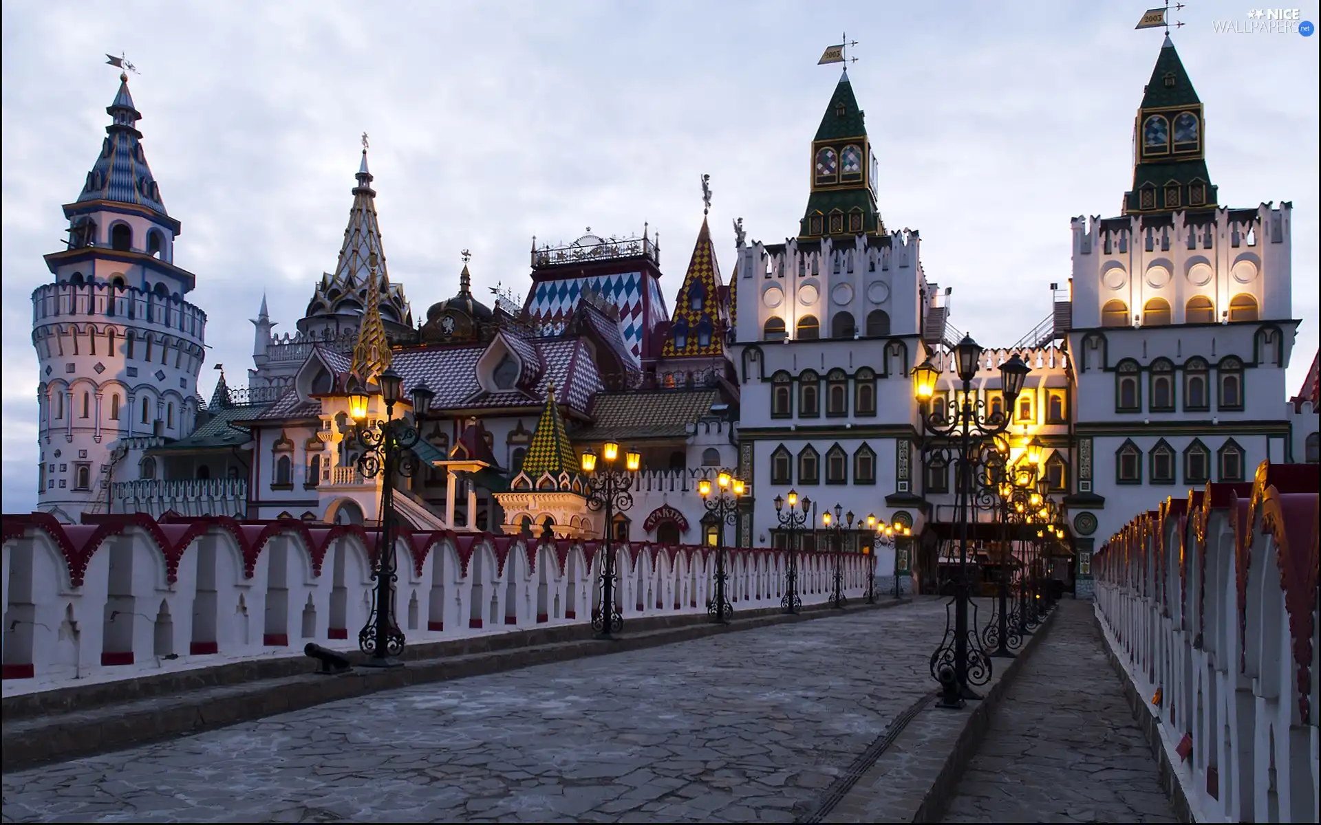 Castle, glowing, Lamps, bridge