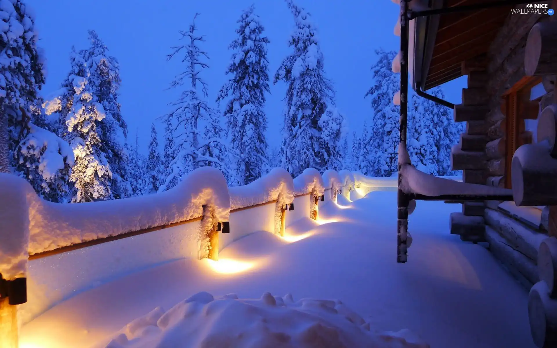 overwhelmed, terrace, Lamps, snow