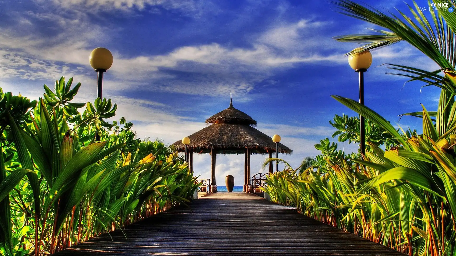 Lamps, sea, arbour, Vase, pier