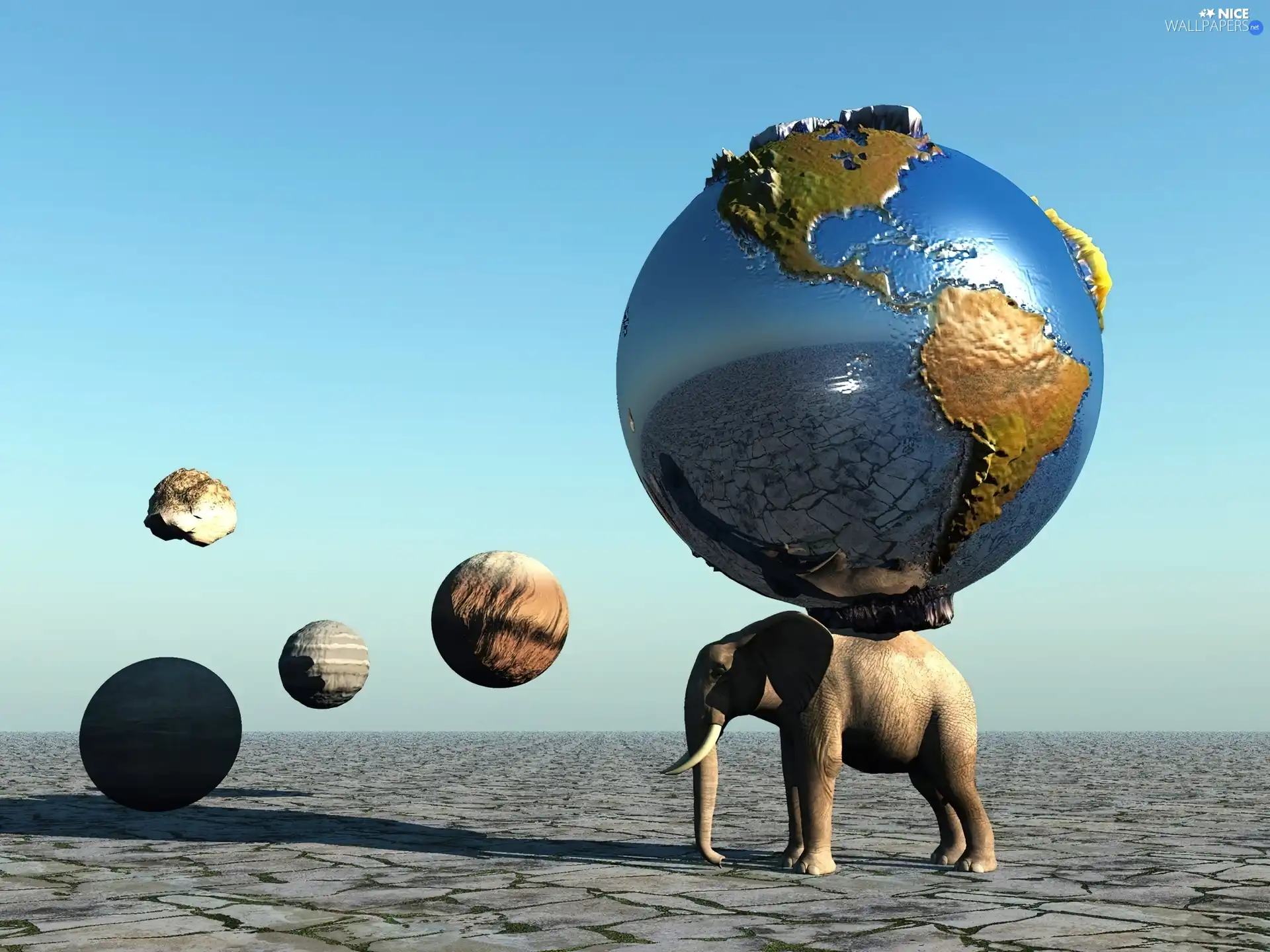 land, 3D, Elephant, Planets, Sky