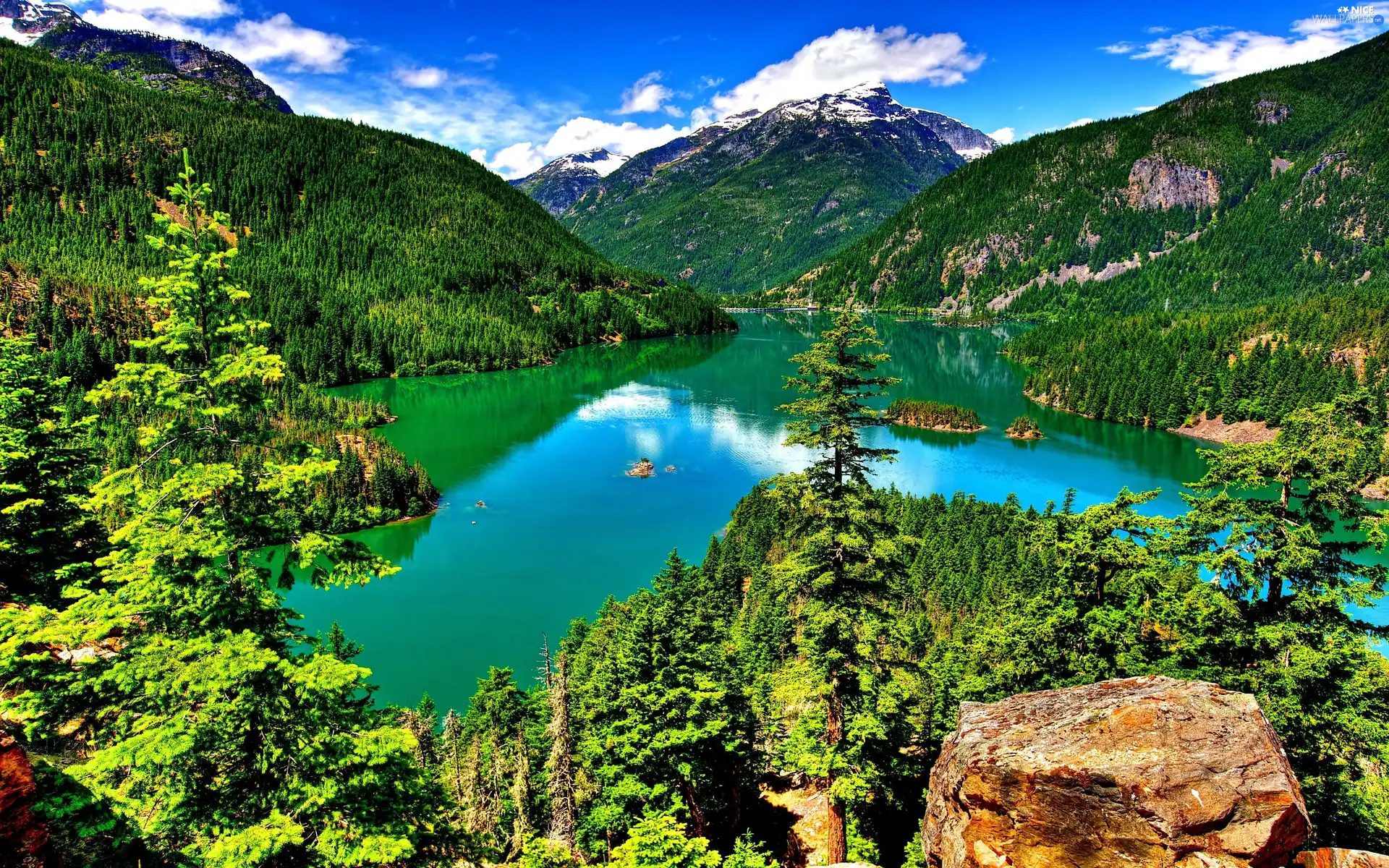 Mountains, lake, landscape, woods