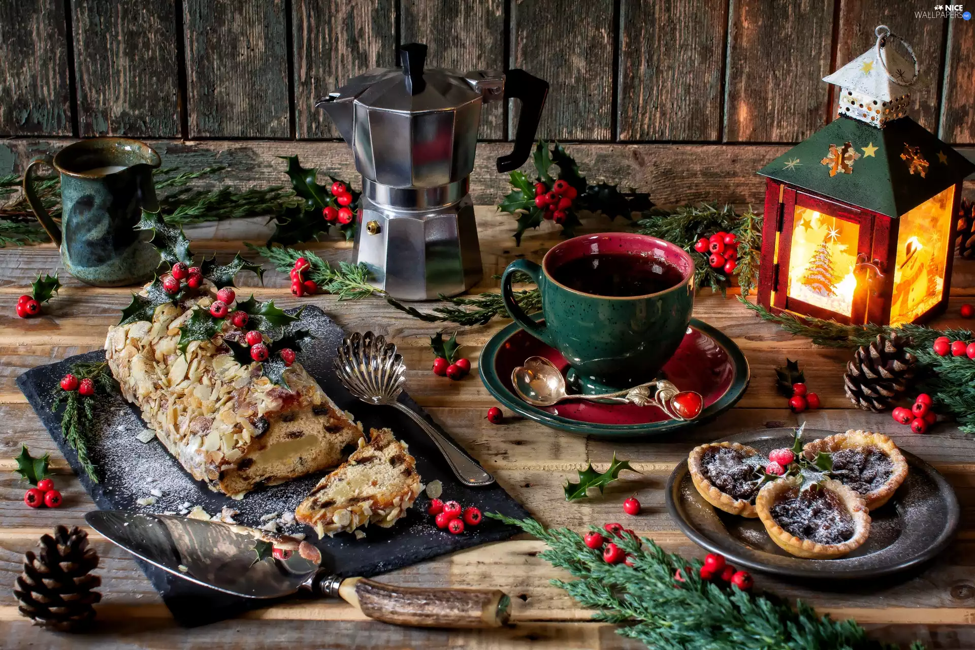 lantern, cake, Cookies, Coffee Percolator, coffee, Christmas, composition, cup