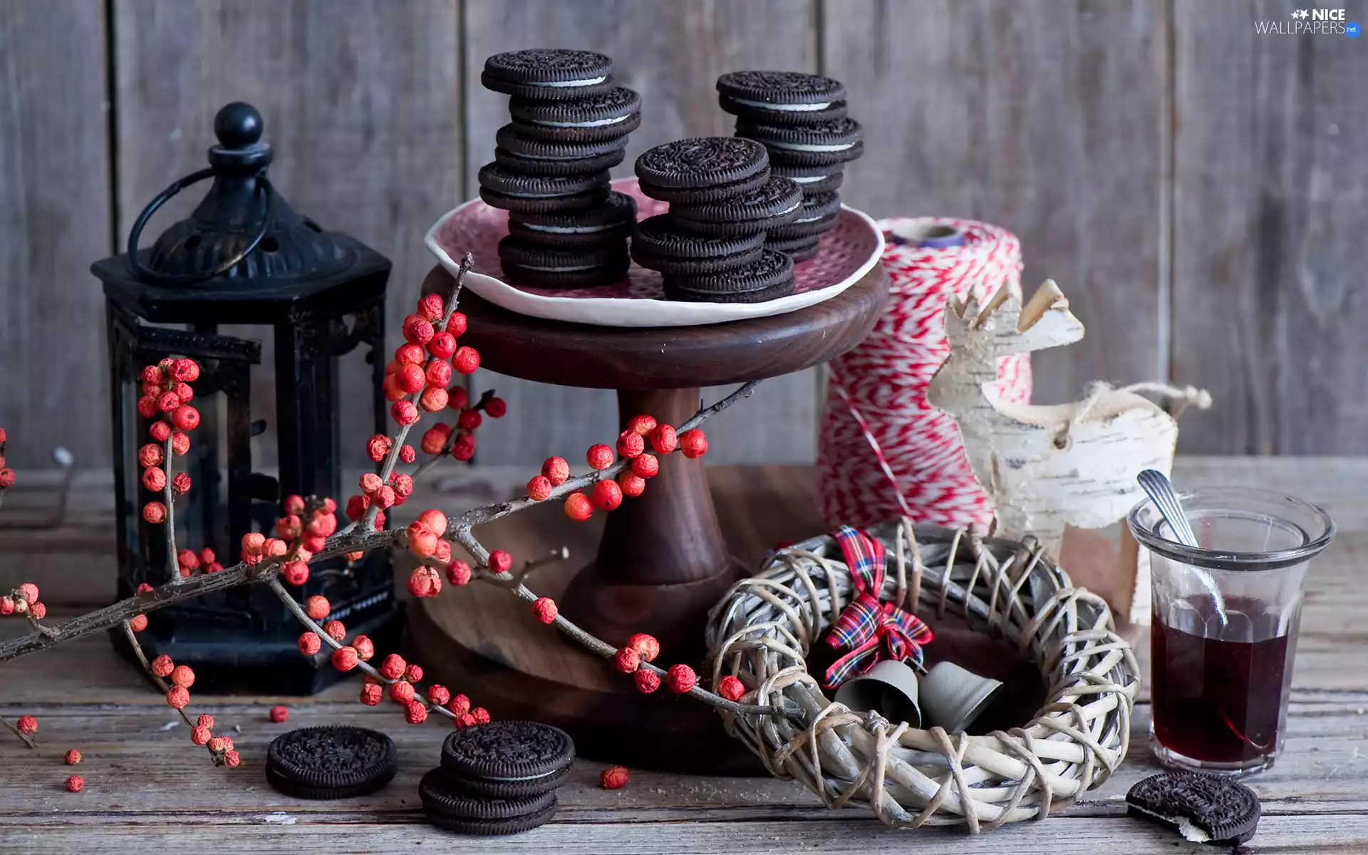 cup, Cookies, composition, lantern, plateau, wreath, Christmas