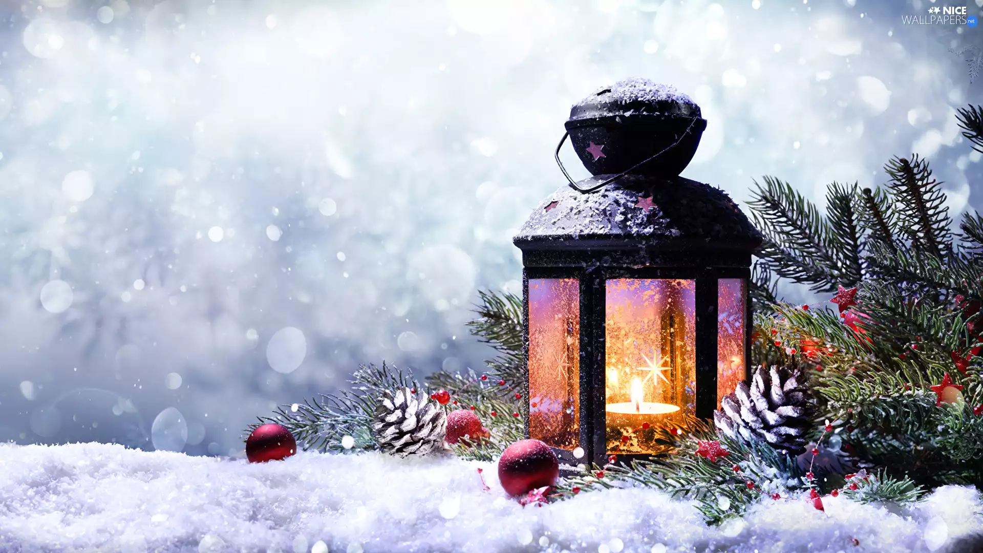 Twigs, Christmas, cones, lantern, composition, baubles, snow