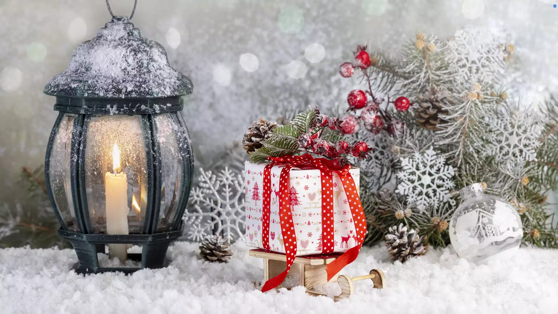 Candle, Christmas, sledge, lantern, composition, Present, bauble