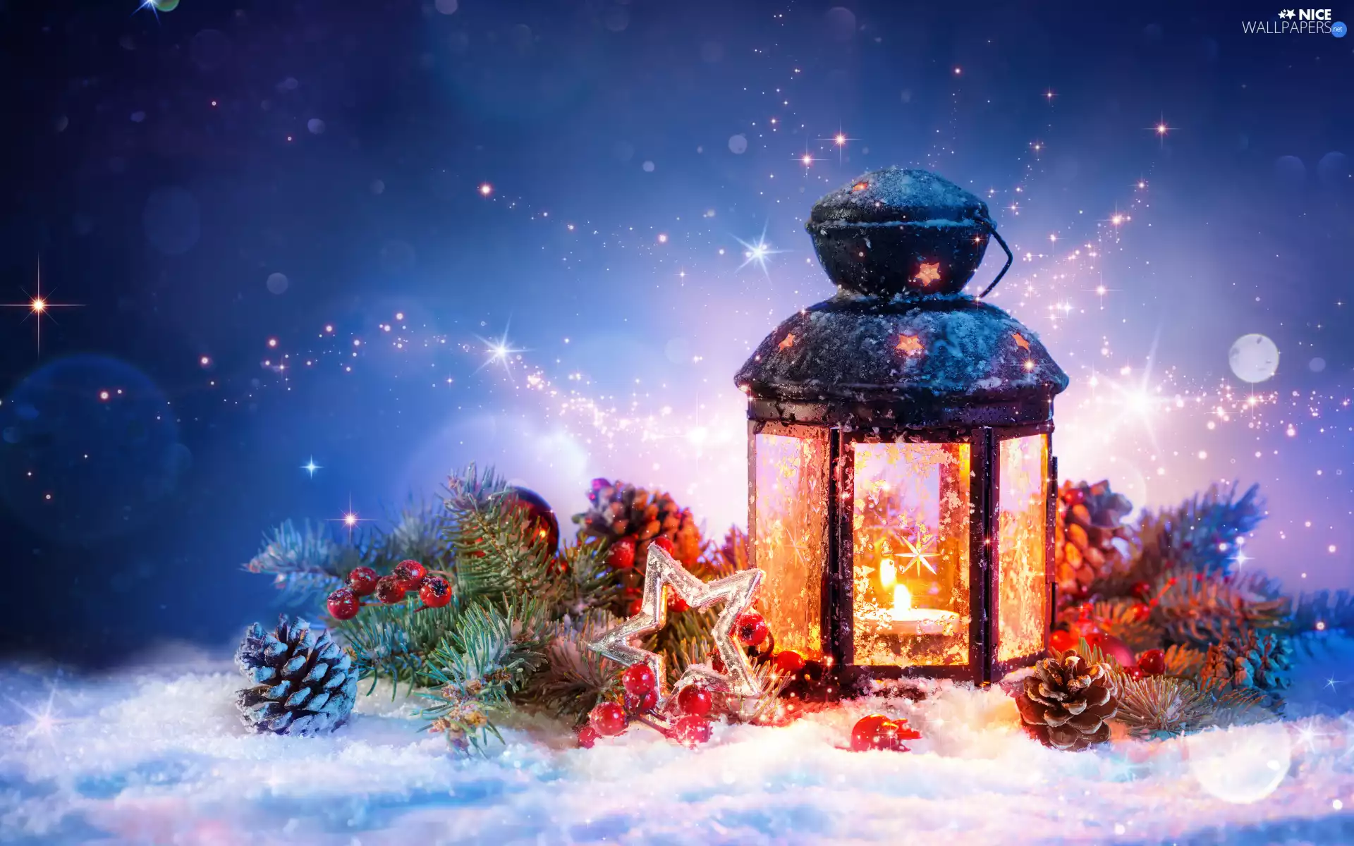 snow, composition, Twigs, lantern, Christmas, cones, candle