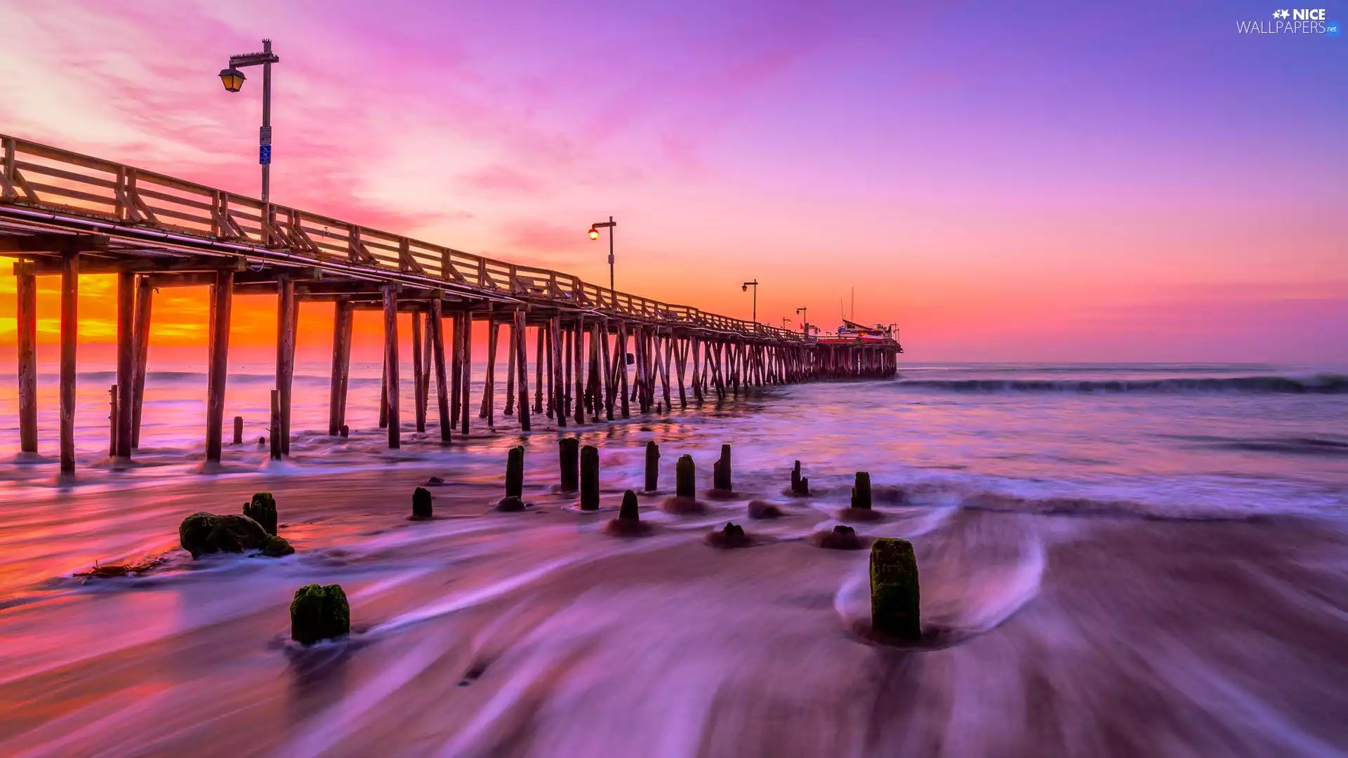 sea, lanterns, Great Sunsets, pier