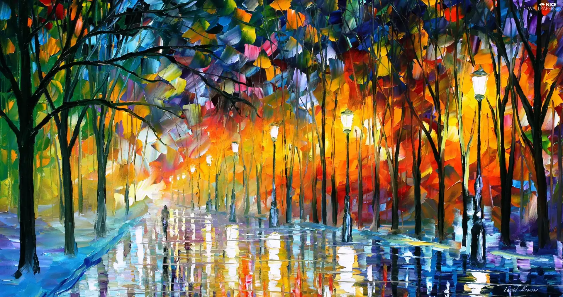 Park, painting, Way, lanterns, alley, Leonid Afremov
