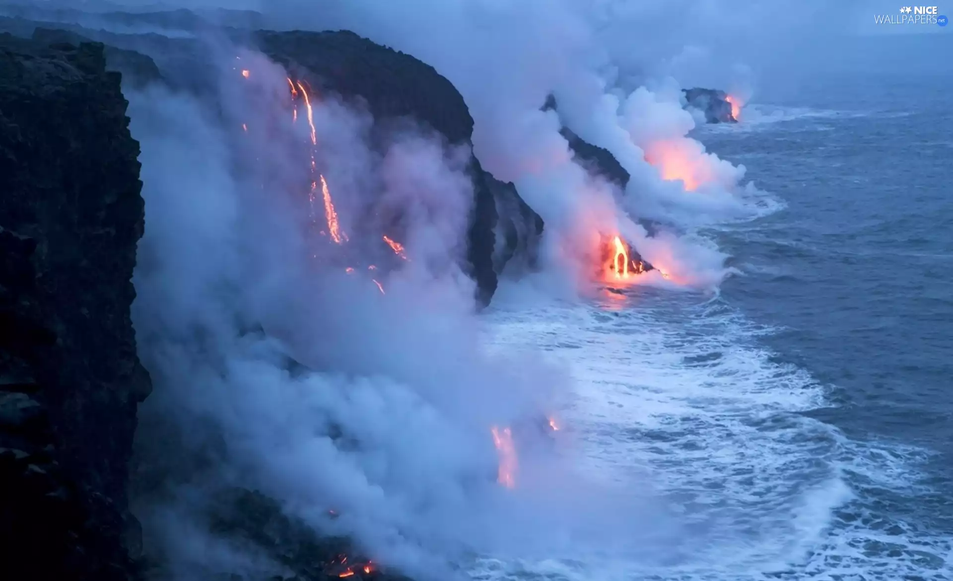 volcano, sea, Mountains, Lava