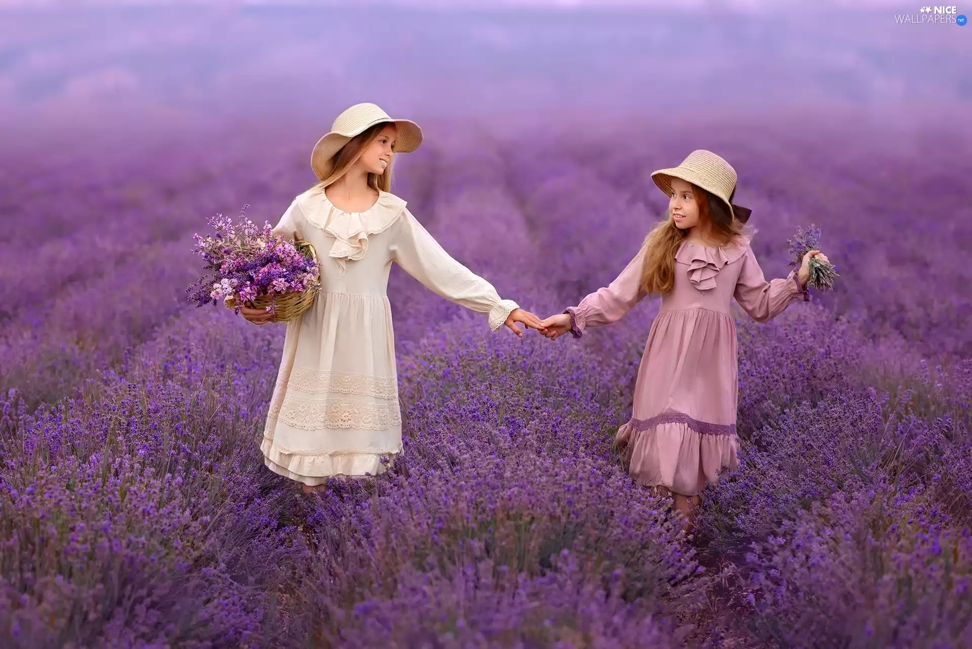 dresses, Two, Flowers, lavender, hats, girls