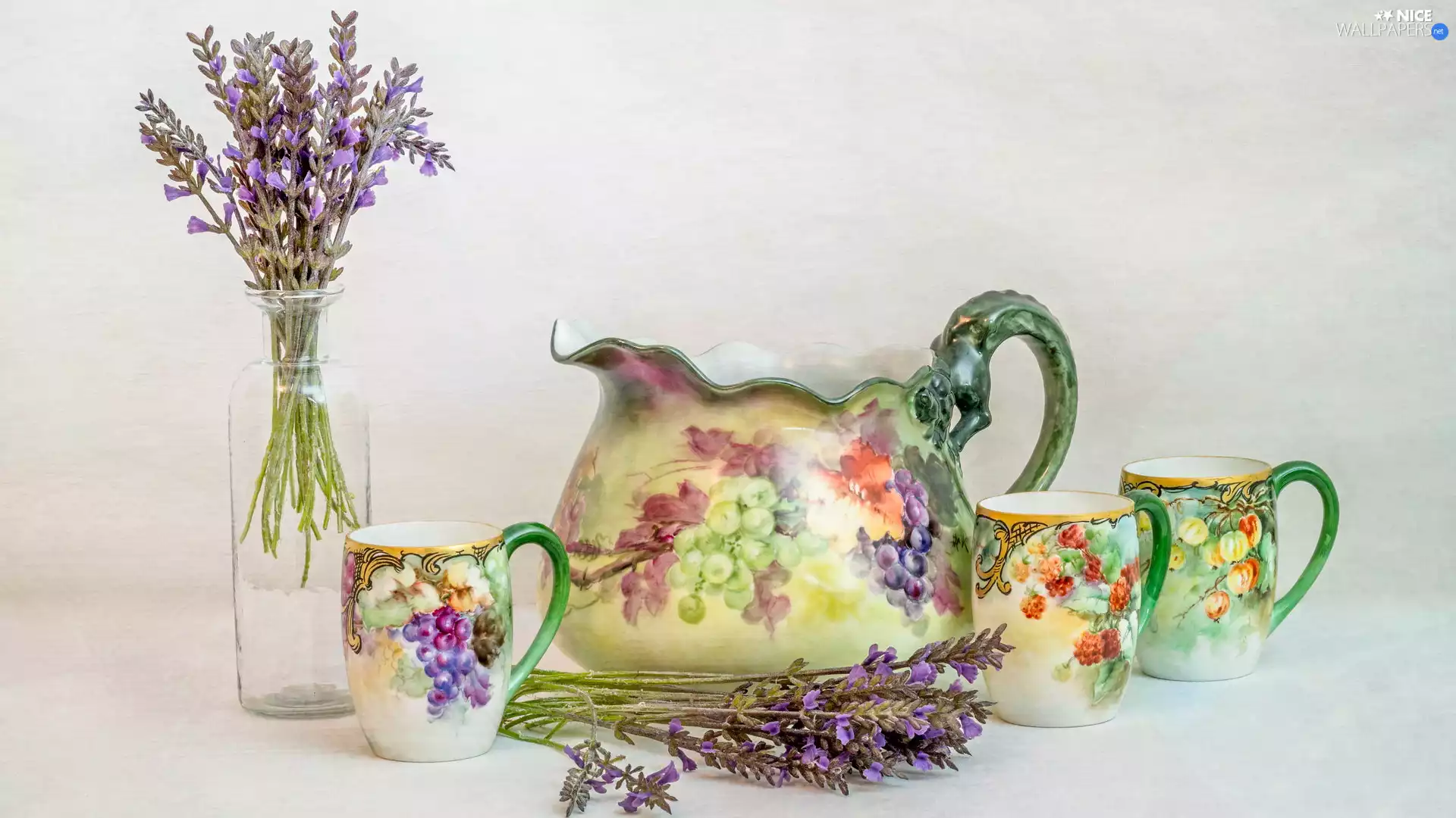 cups, lavender, painted, jug, composition