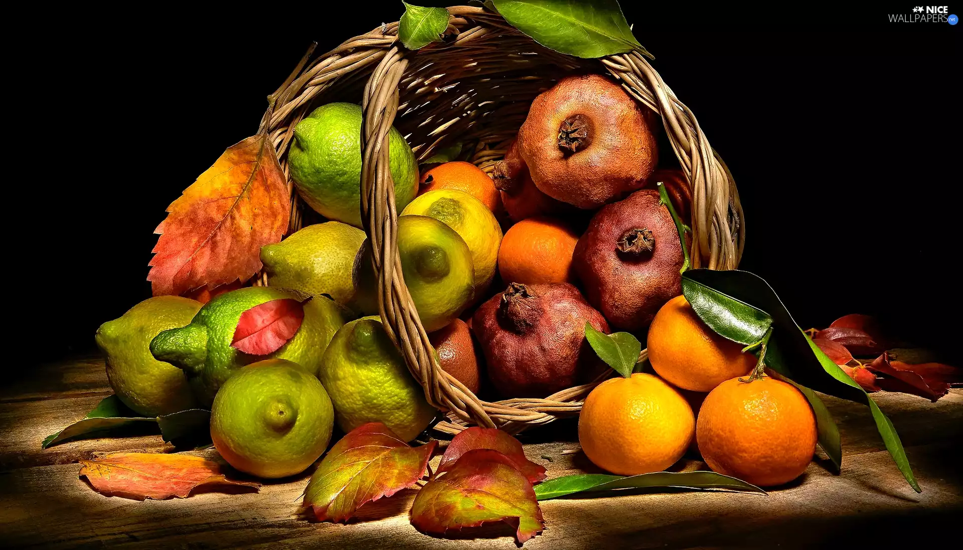 lemons, Fruits, mandarin, Leaf, grenades, basket