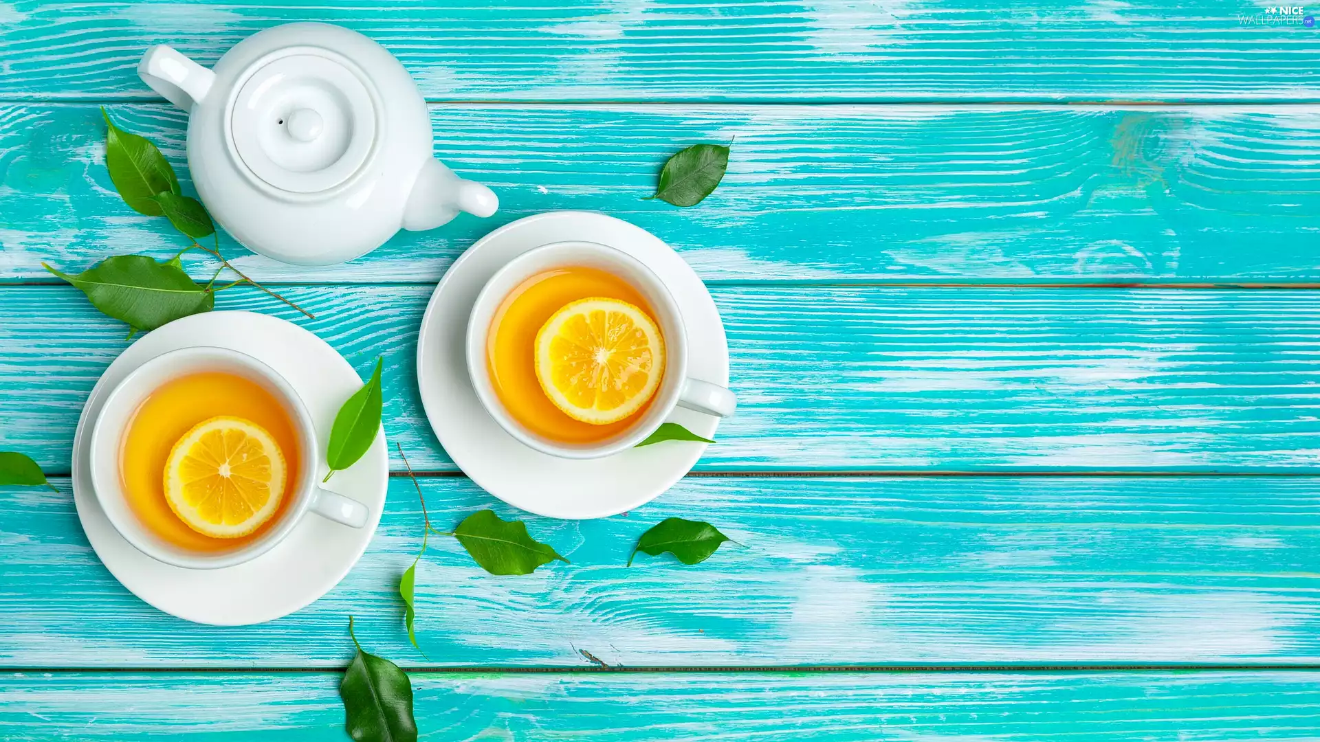tea, Lemon, boarding, teapot, Blue, cups, Two, Leaf