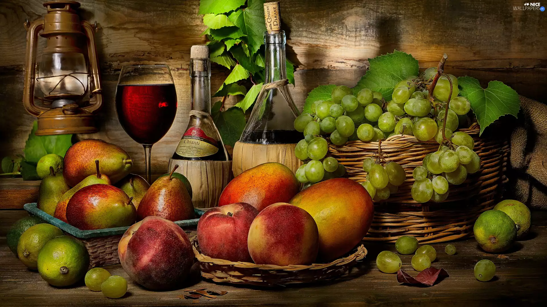 glass, Bottles, Lamp, truck concrete mixer, limes, basket, Leaf, Wine, composition, Mango, peaches, Grapes