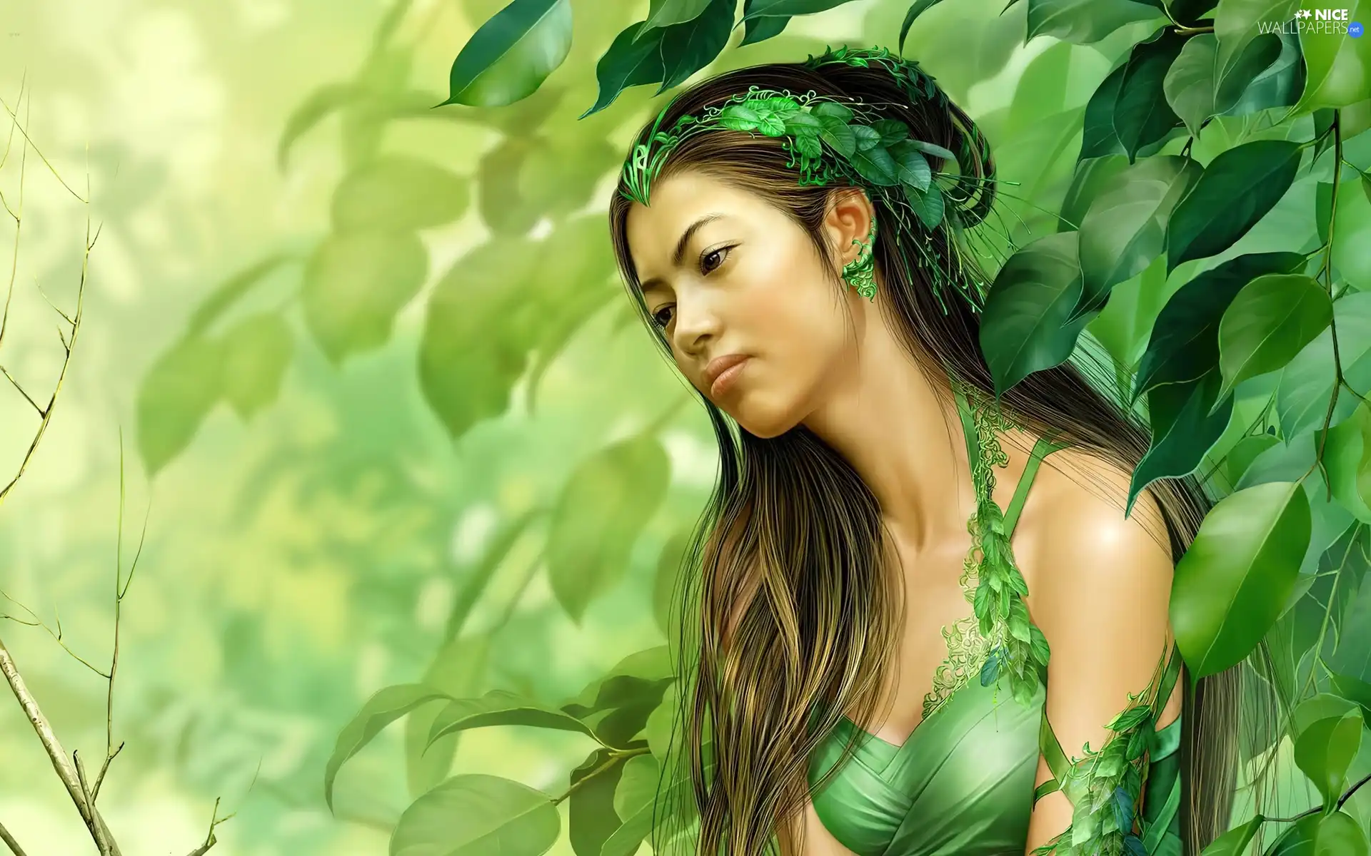 girl, green ones, Leaf, trees