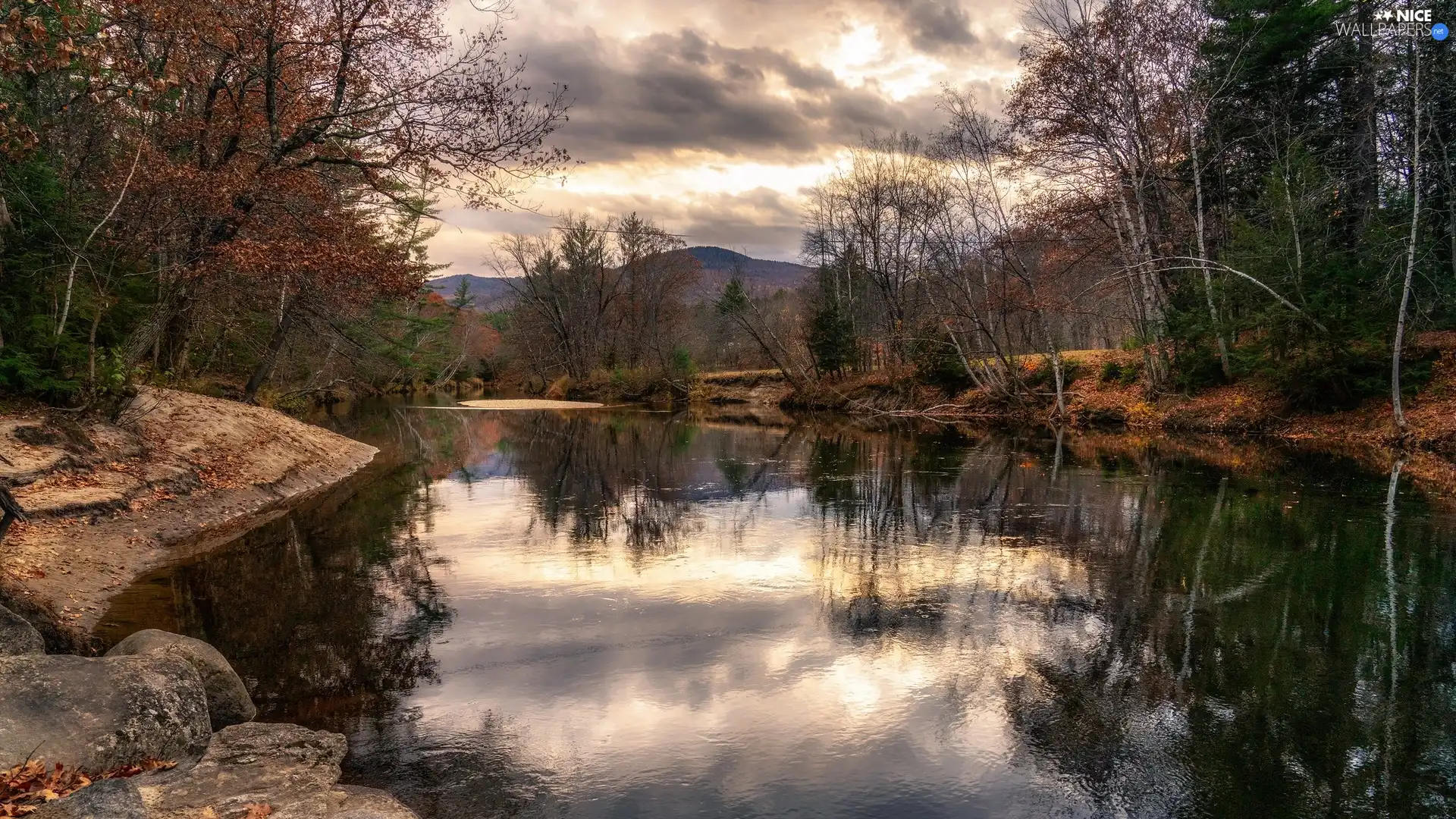 rocks, River, viewes, Leaf, trees, Mountains