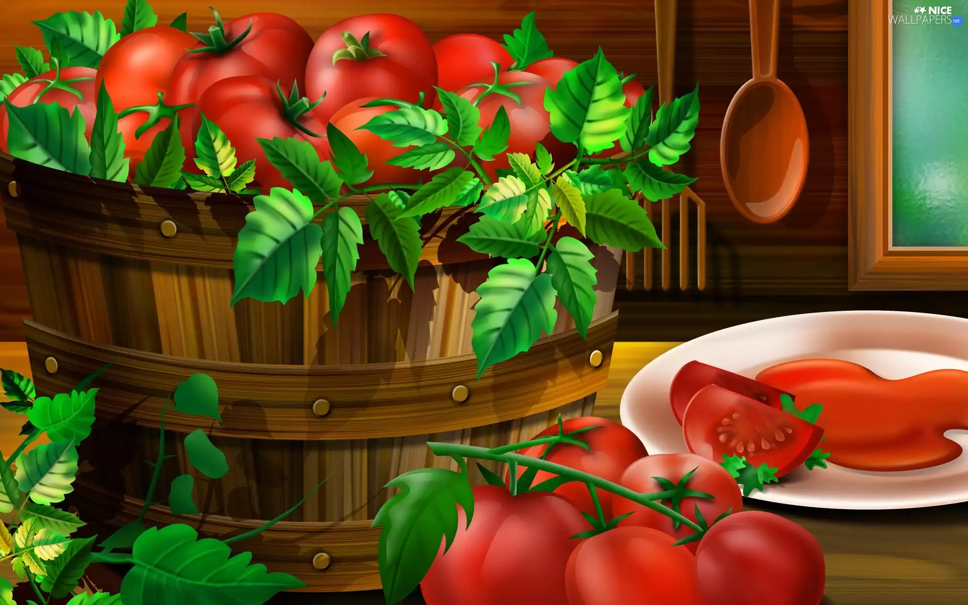 tomatoes, plate, graphics, Leaf